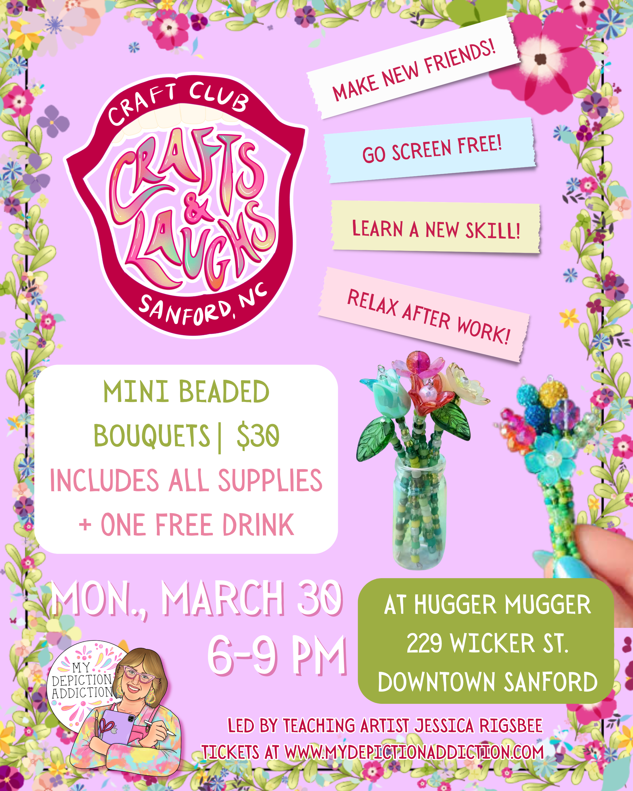MARCH 30 Crafts & Laughs Craft Club Event: Mini Beaded Bouqets @ Hugger Mugger