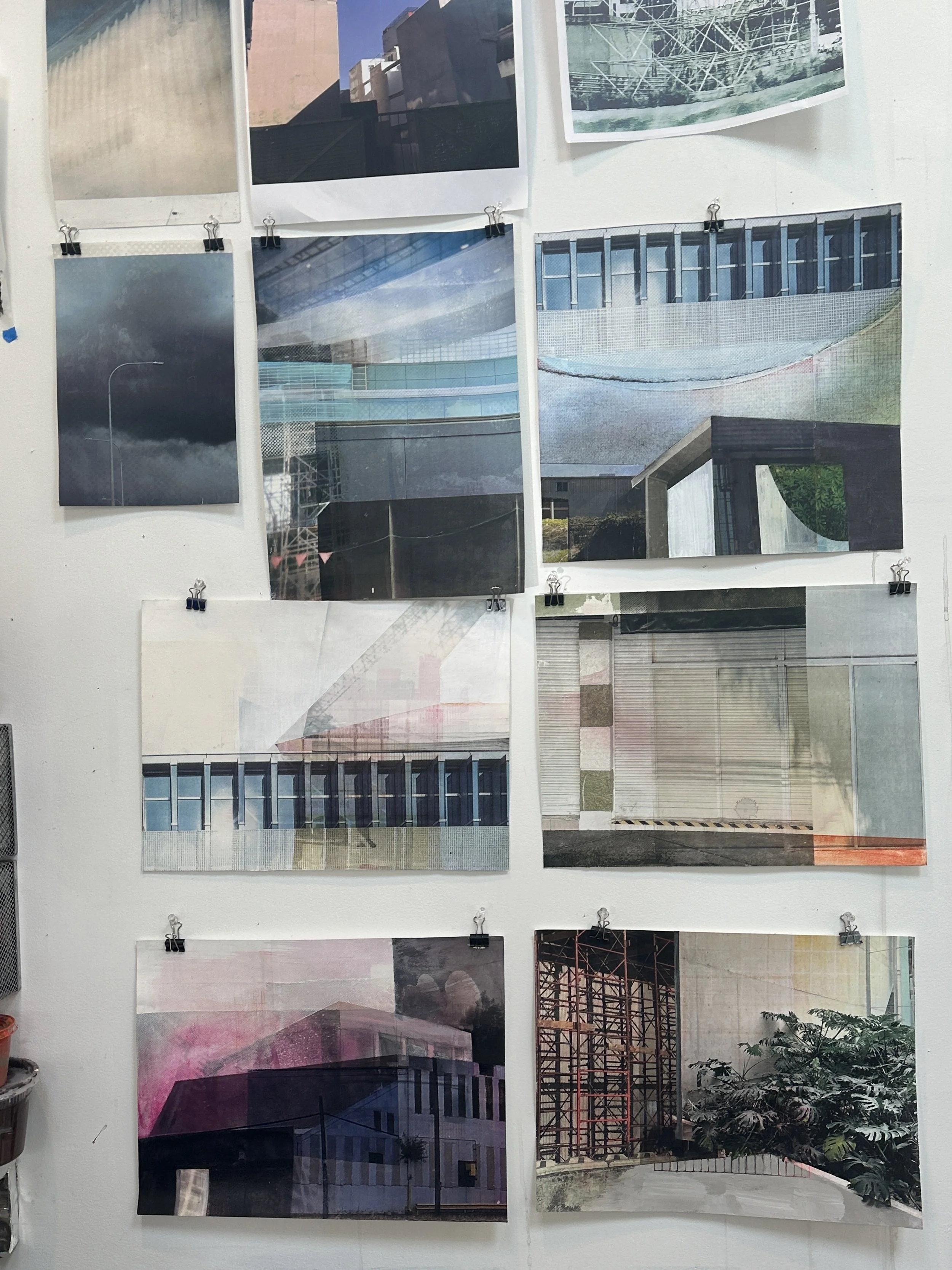 Multiple small pieces on studio wall