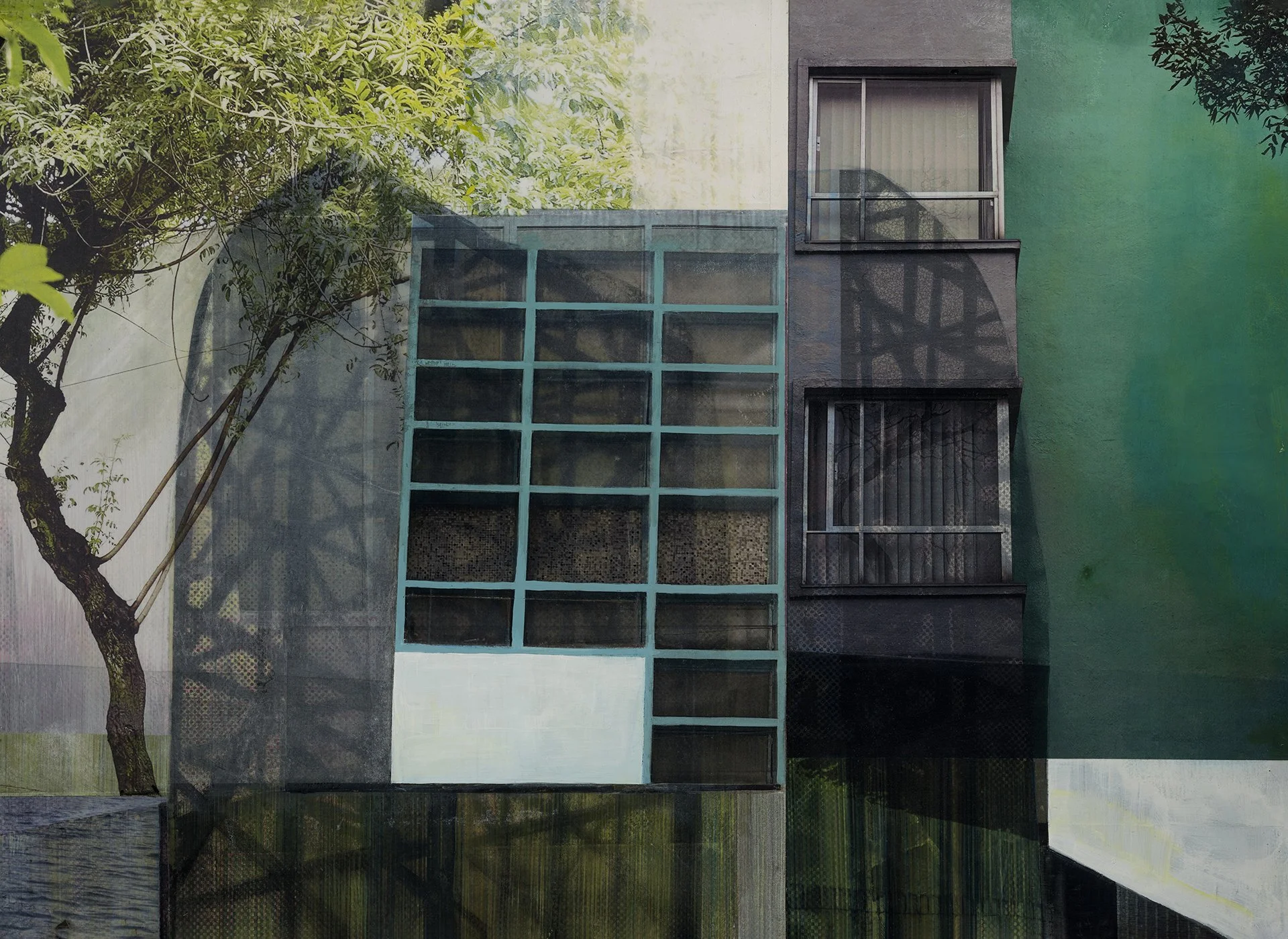 Reflected Street View (CDMX) I
	Screen Print, Graphite, Acrylic Transfer, Colored Pencil, Acrylic on Paper
	17 ½” x 24”
  2024