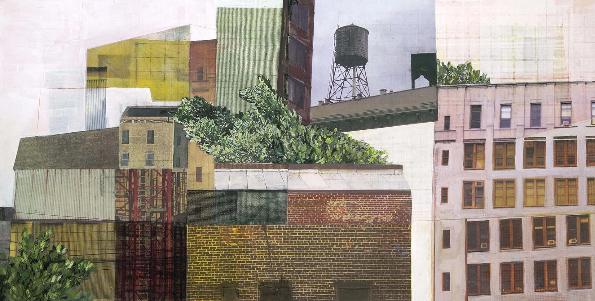Rooftops
Screen Print, Graphite, Acrylic Transfer, Colored Pencil, Acrylic on Paper
14 ½” x 28 ¾”
 2026
