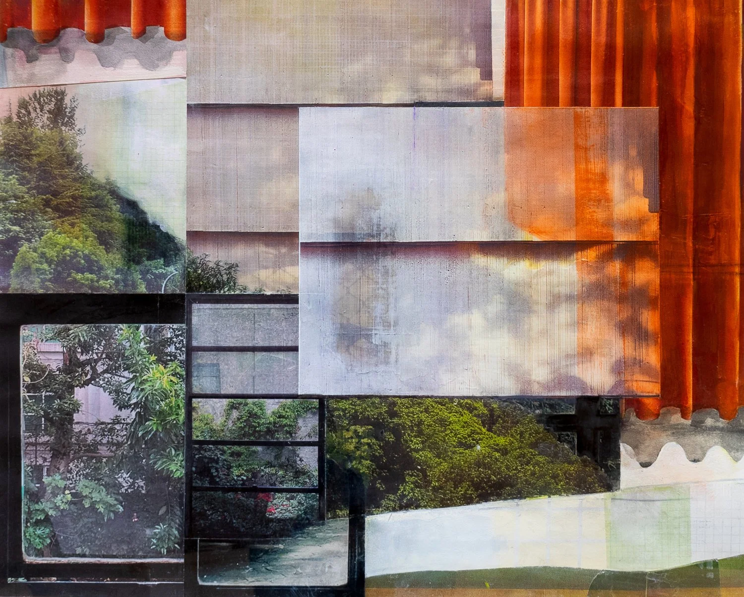 Orange Curtain
Screen Print, Graphite, Acrylic Transfer, Colored Pencil, Acrylic on Paper
20 ¾” x 25 ¾”
 2025
