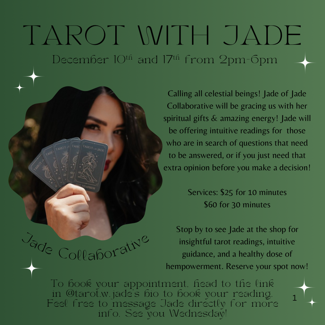 Promotional flyer for a tarot reading event with Jade, featuring a woman holding tarot cards and event details, set against a green background with white star accents.