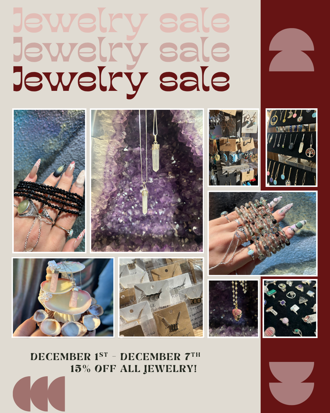 Jewelry sale poster featuring images of jewelry including necklaces, rings, earrings, and bracelets, with a sale date from December 1st to December 7th offering 15% off all jewelry.
