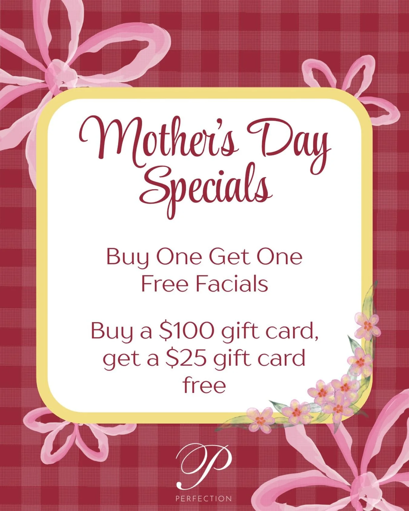 This Mother&rsquo;s Day, gift her with Perfection 😌💞 

Specials are available until the end of May! Give us a call or stop by to purchase 😇

‼️ the FREE facial must be for your mom, your aunt, a friend&hellip; it cannot be redeemed by the buyer. E