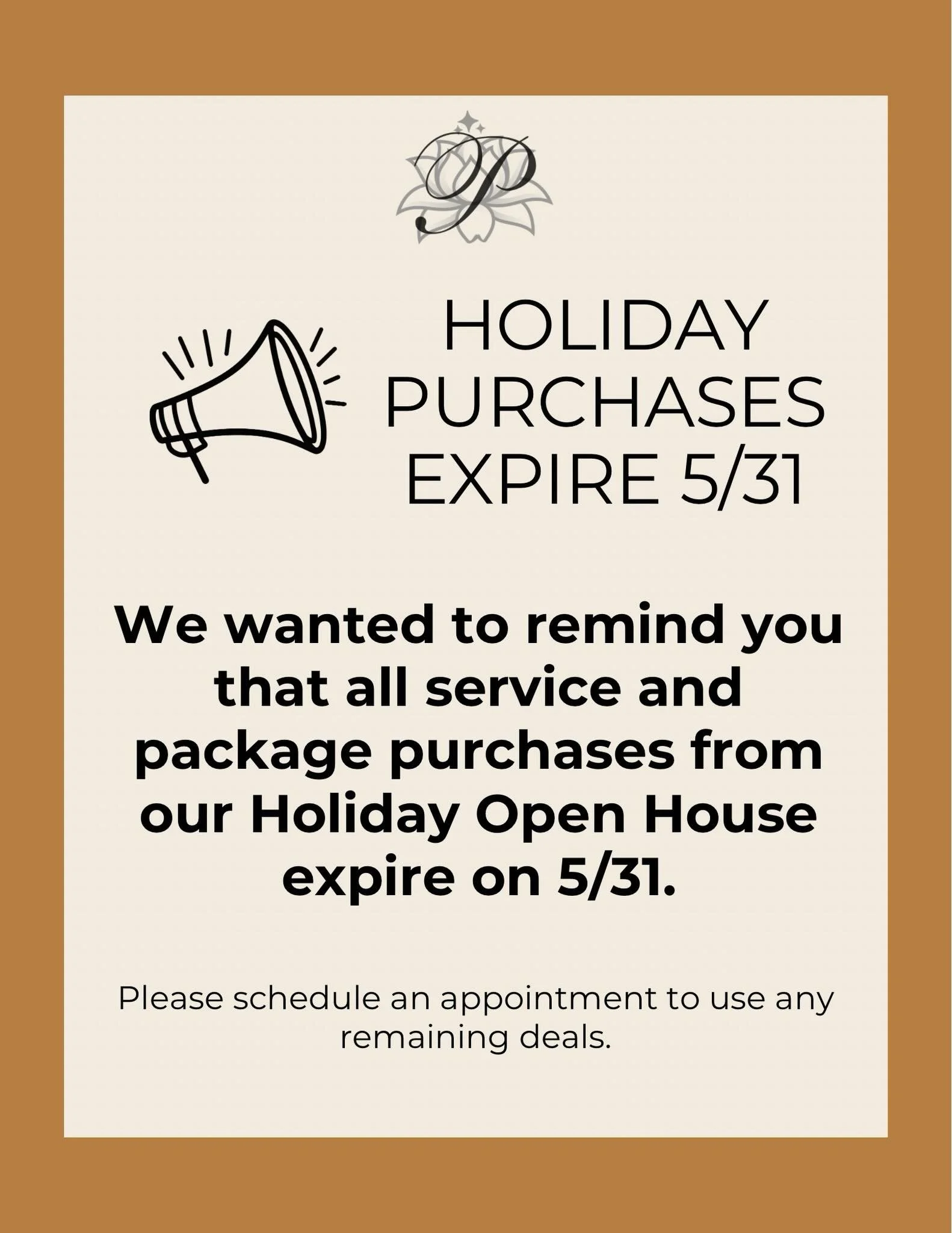 🗣️ to all of our Holiday Party people, don&rsquo;t forget that specials purchased expire at the end of this month! Give us a call to make an appointment and use any remaining deals you have 🤗

***If purchases are not used before the expiration date