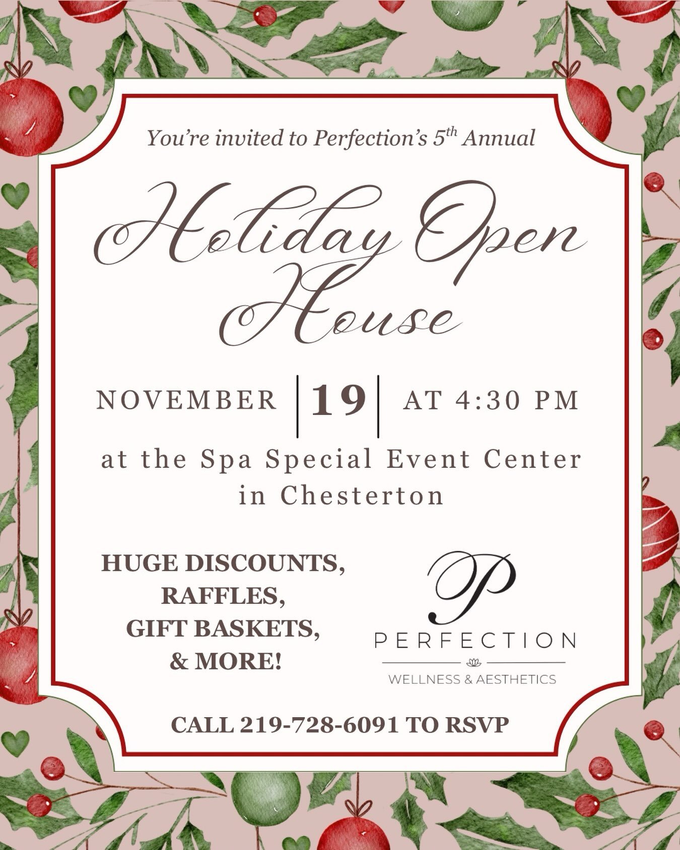 Our 5th Annual HOLIDAY OPEN HOUSE is on Thursday, November 19th 🥳 be one of the FIRST 25 to RSVP and receive an extra 25 raffle tickets + a chance to WIN a $150 GIFT CARD!!! Call 219-728-6091 to RSVP 🙌🏼

We love hosting this event every year, and 