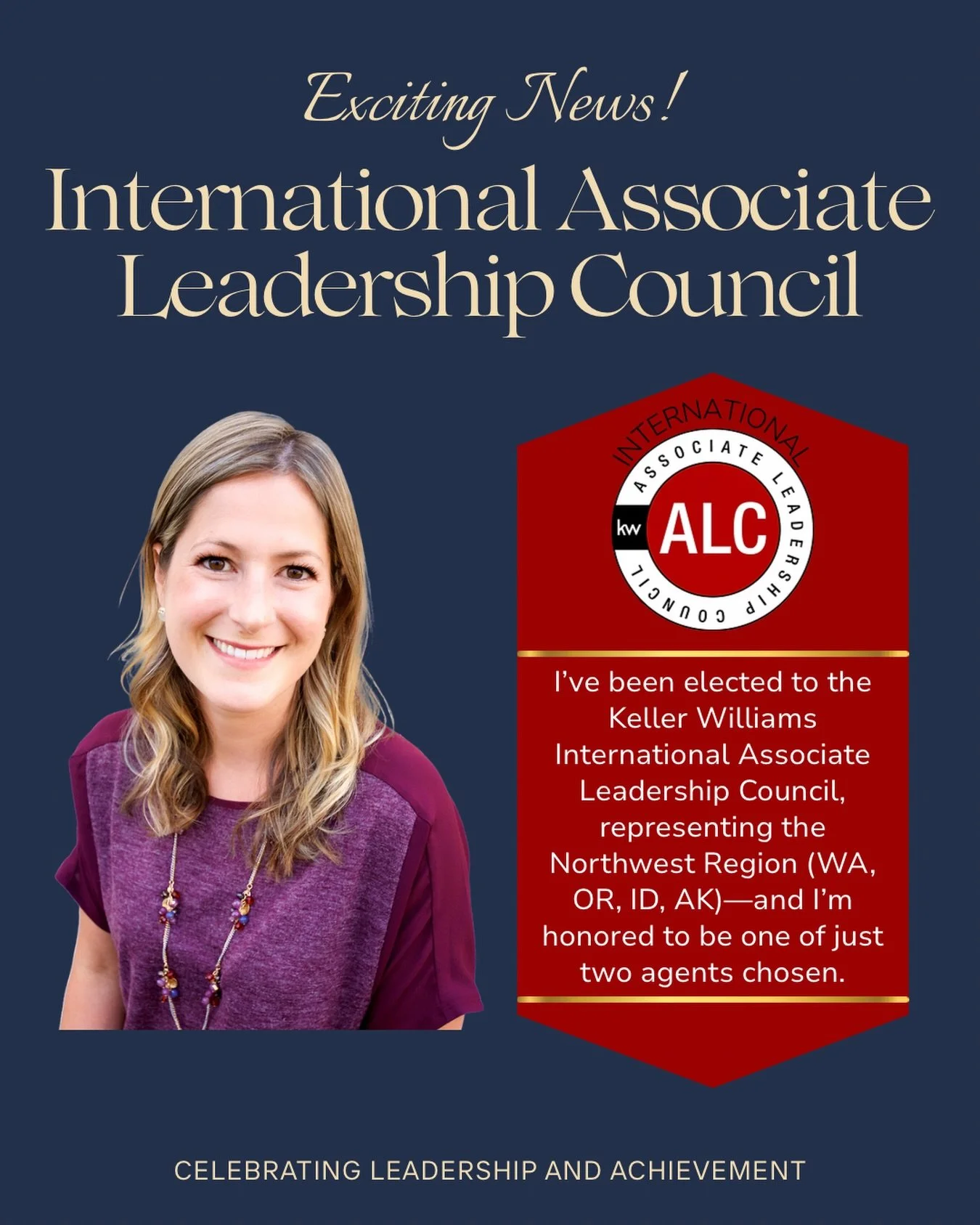 Big news I&rsquo;m excited to share! 🤍

I&rsquo;ve been elected to the Keller Williams International Associate Leadership Council, representing the Northwest Region (WA, OR, ID, AK)&mdash;and I&rsquo;m honored to be one of just two agents chosen.

W