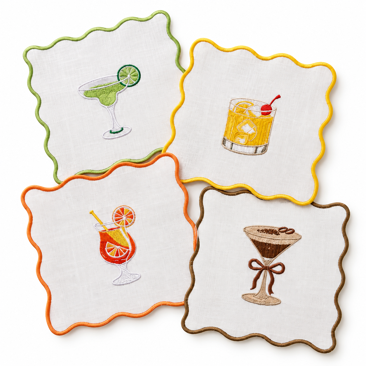 Linen Drinks Embroidered Cocktail Napkins
6x6"

$3.00