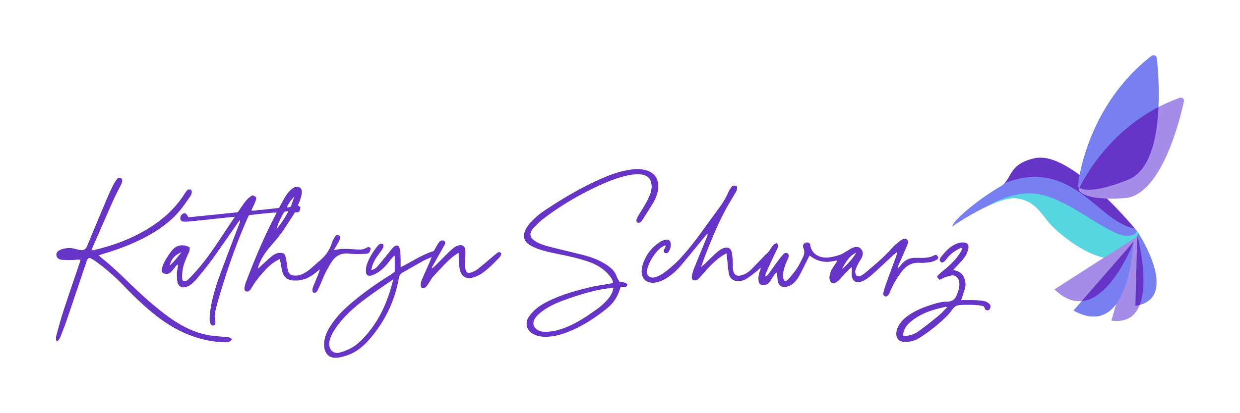 A logo with the text 'Kathryn Schwarz' in purple cursive font, accompanied by a stylized hummingbird in shades of purple and teal on the right.