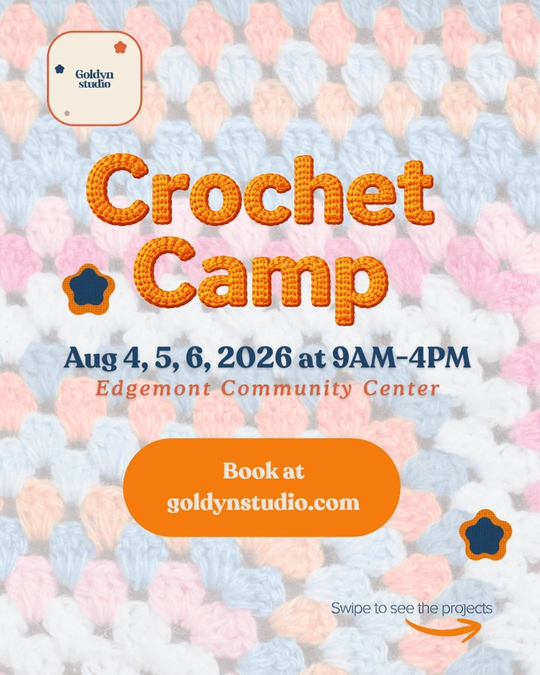Crochet Camp
Edgemont Community Association 
Aug 4-6 at 9AM-4PM

Ages 8-12

In 3 days kids will learn all crochet basics and complete at least 3 projects. Plus lots of games and outdoor breaks 🛝

If you have been to any of my camps before or are reg