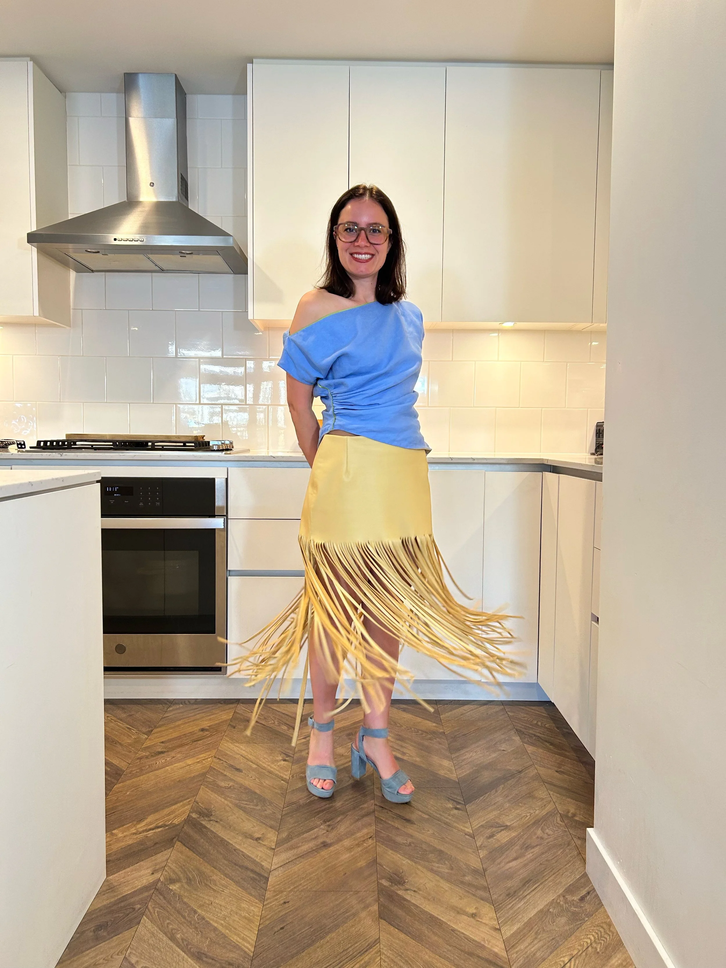 Adding to the list of the most happy makes - the leather fringe skirt. Butter yellow (very last year) adding to the happiness. Twirl factor 📈
I don&rsquo;t enjoy working with leather as much as fabric but this idea popped into my head so I followed 