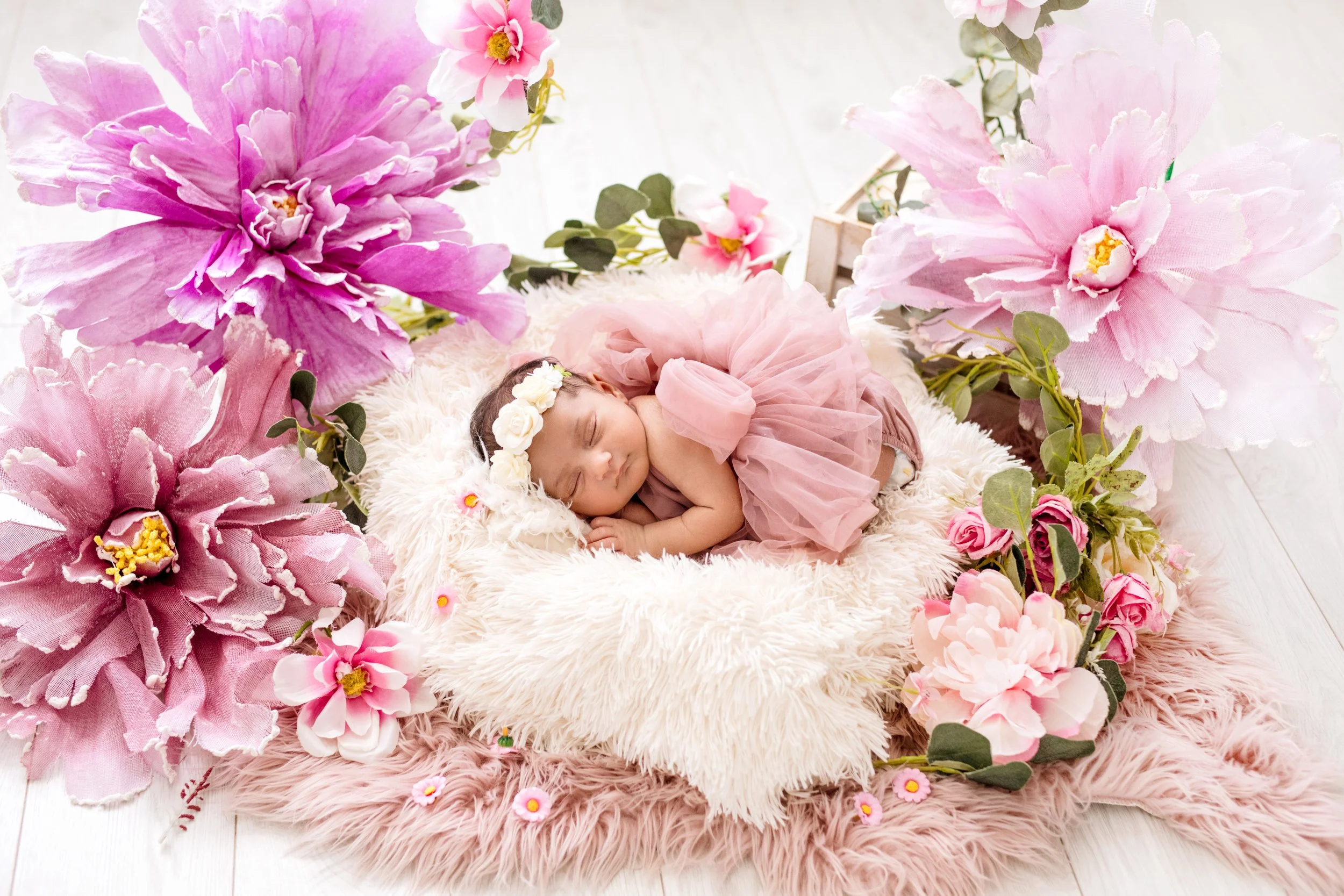Newborn girl in floral setup during luxury photography session in Mississauga