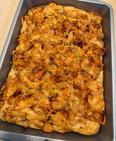 bake pear & brie focaccia in the baking pan