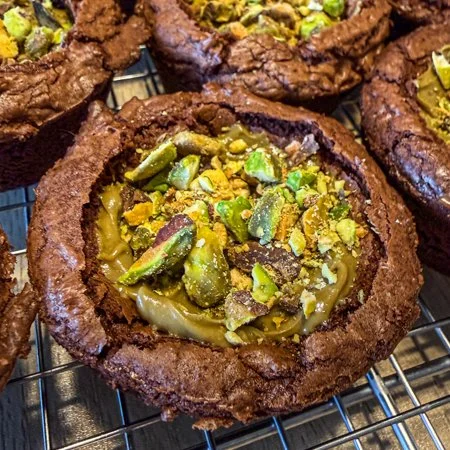 close up of a pistachio brownie cup