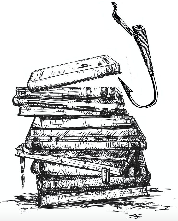 a black and white line drawing of books piled up with a fishing hook lifting the corner of the top book