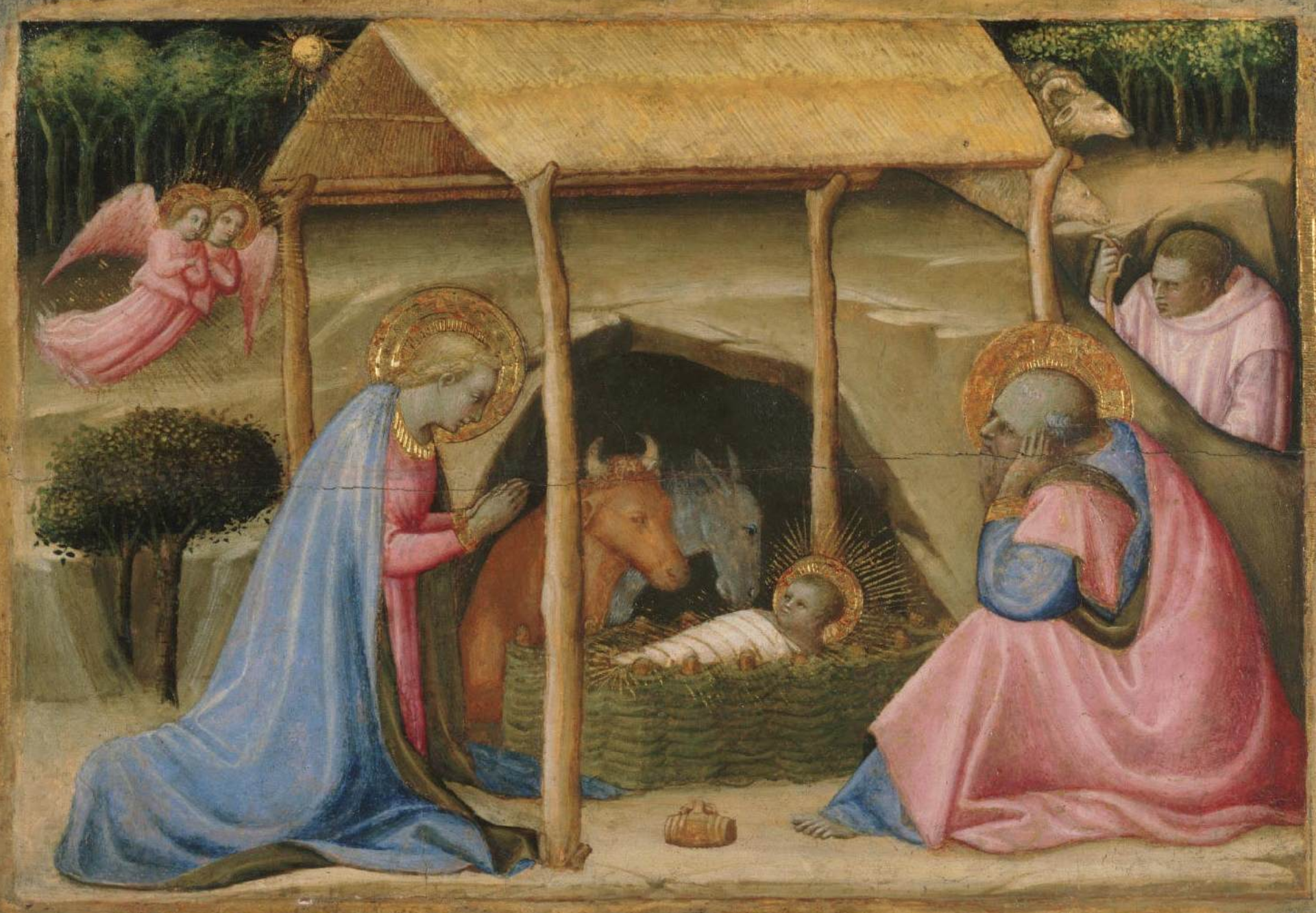 a woman with a halo prays at the foot of a swaddled baby, while a man with a halo snoozes nearby, a shepherd looks into the scene from the side, cow and donkey are in the background, and two angels hover in the upper left, with a star above them.