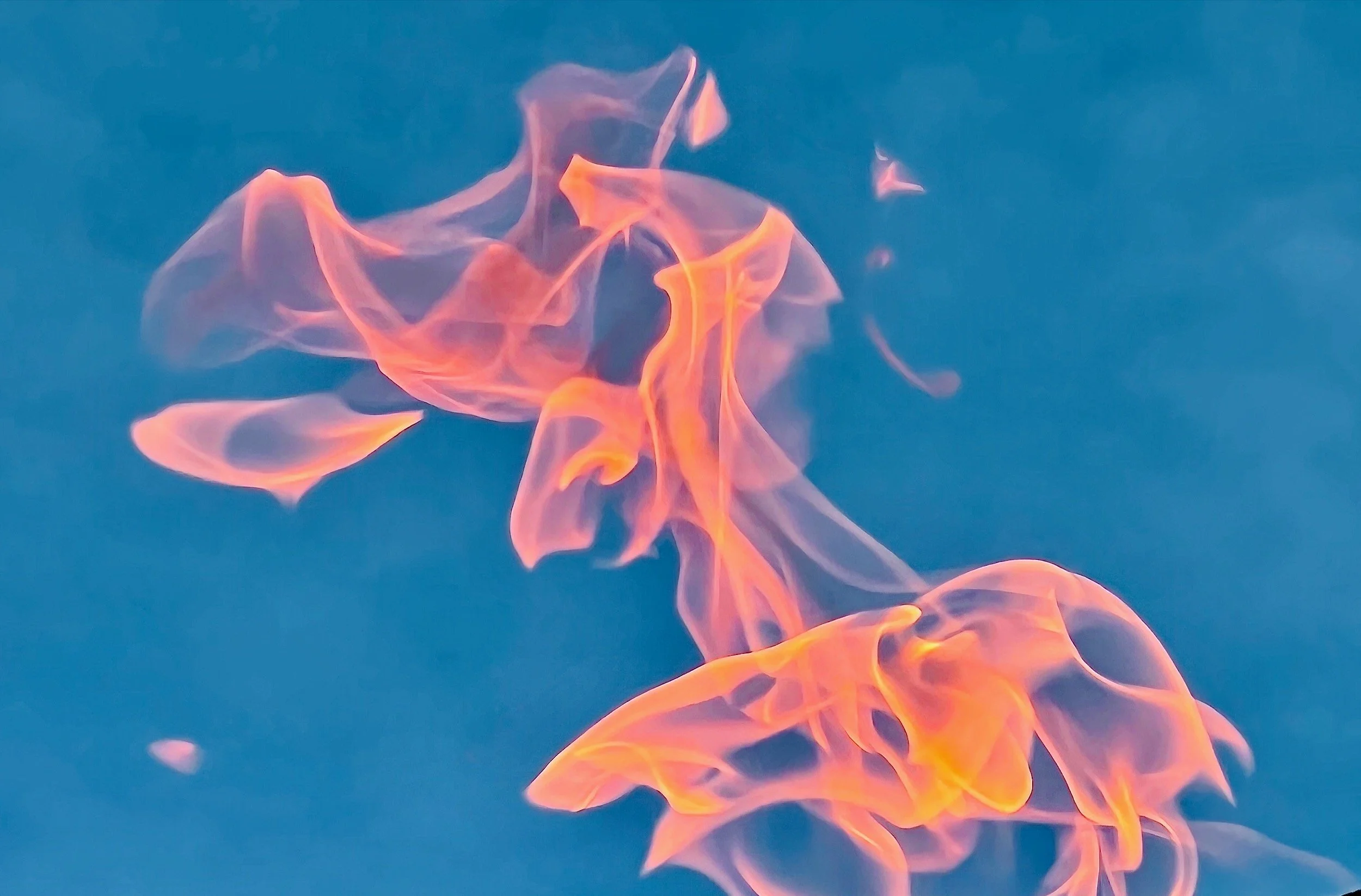 " Liquid Fire " Flowing flame patterns creating abstract forms in vivid color photography.