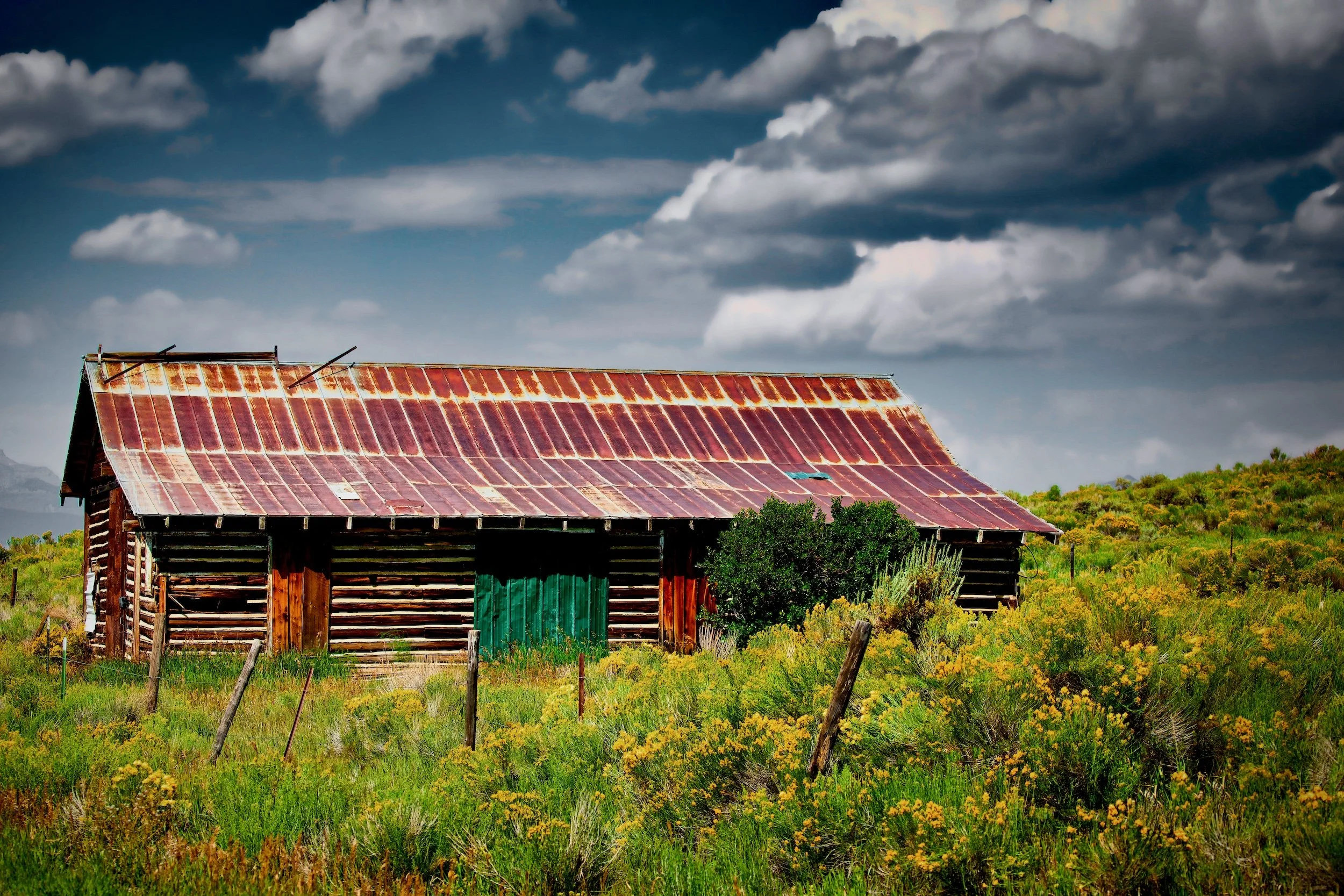 " Green Door " Timeworn barn with green door anchors a peaceful landscape beneath approachaing storm clouds