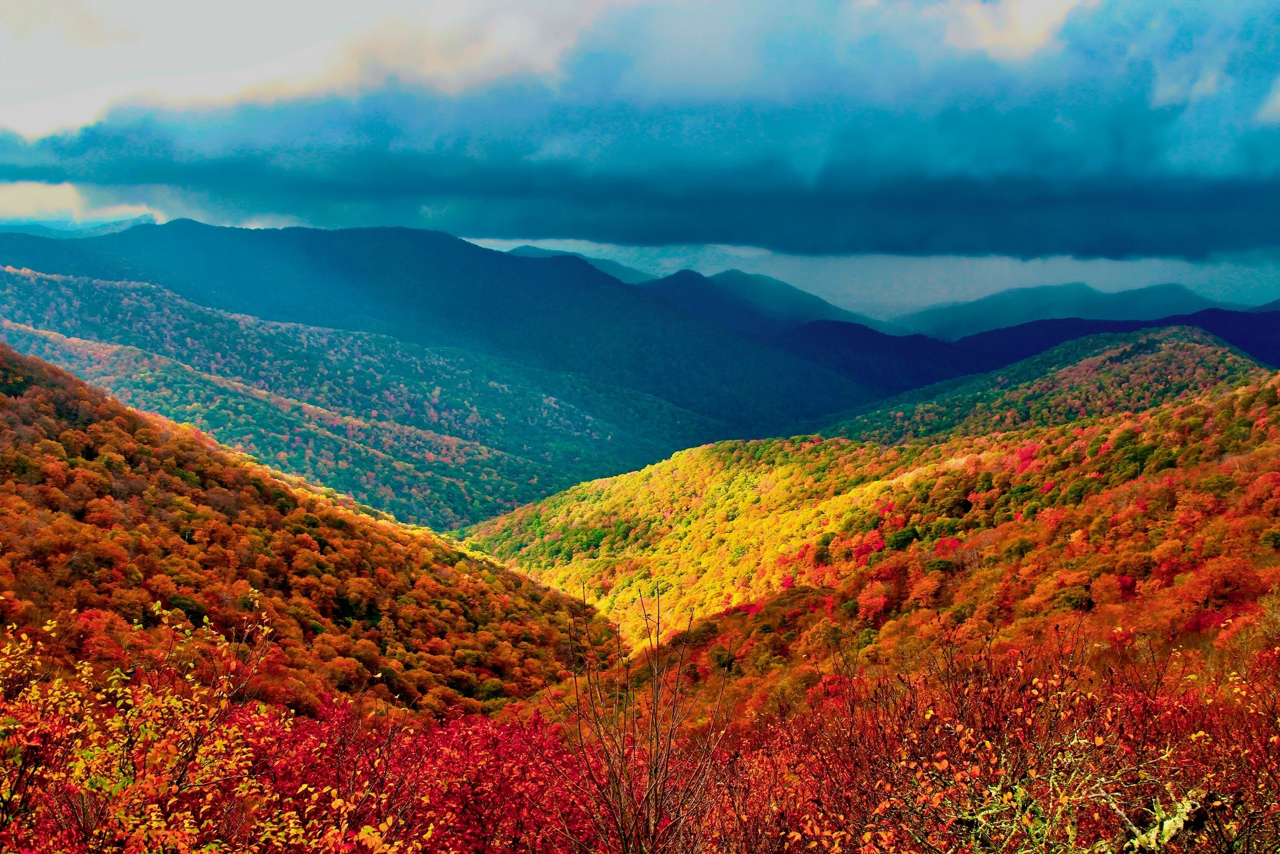 " Light Beyond the Storm " Sunlight breaks through storm clouds over autumn Great Smoky Mountains.