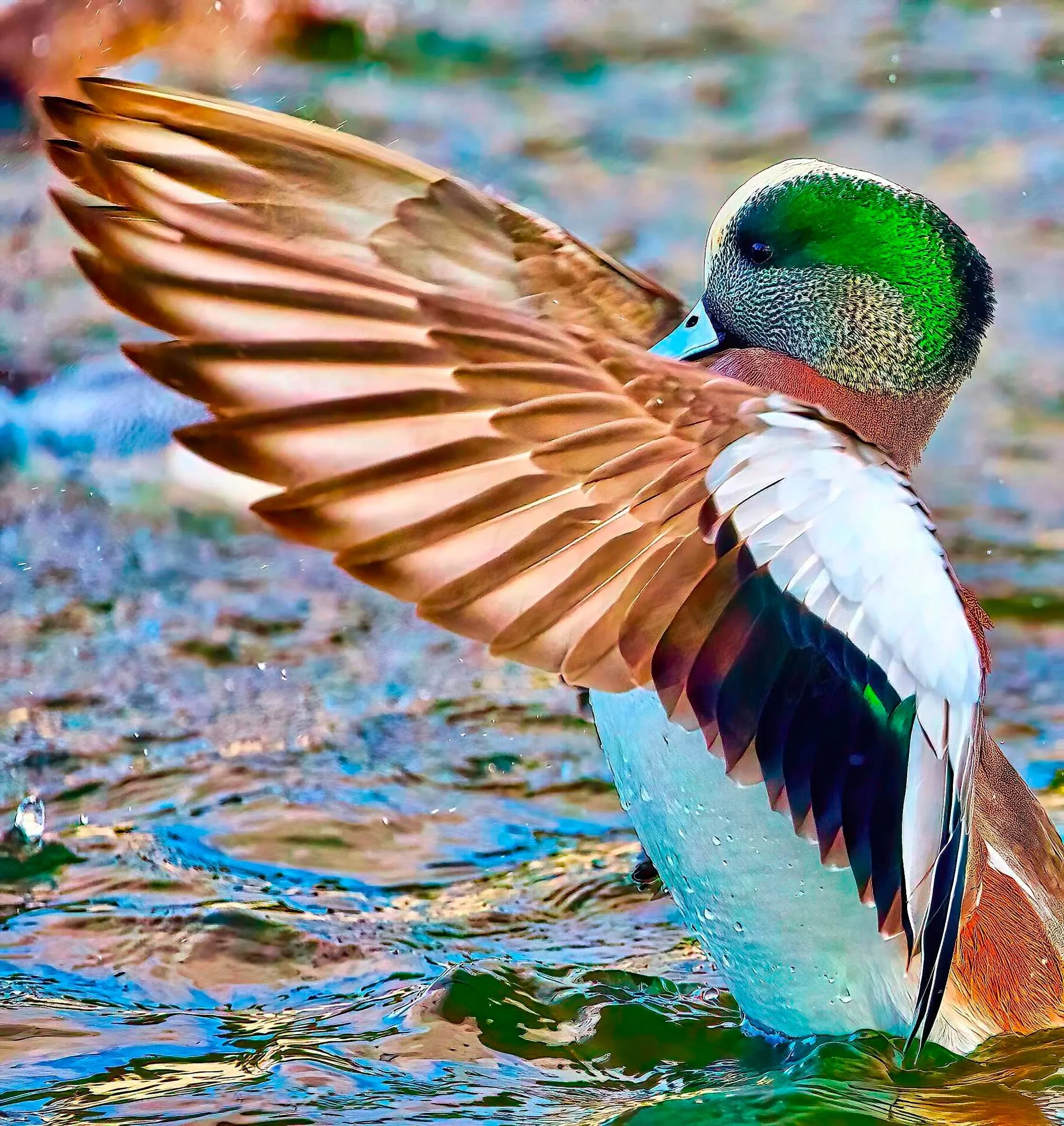   " Curtain Call " Male American Wigeon displaying raised wings while swimming in Texas  blue Water. Award Winning Photo. 