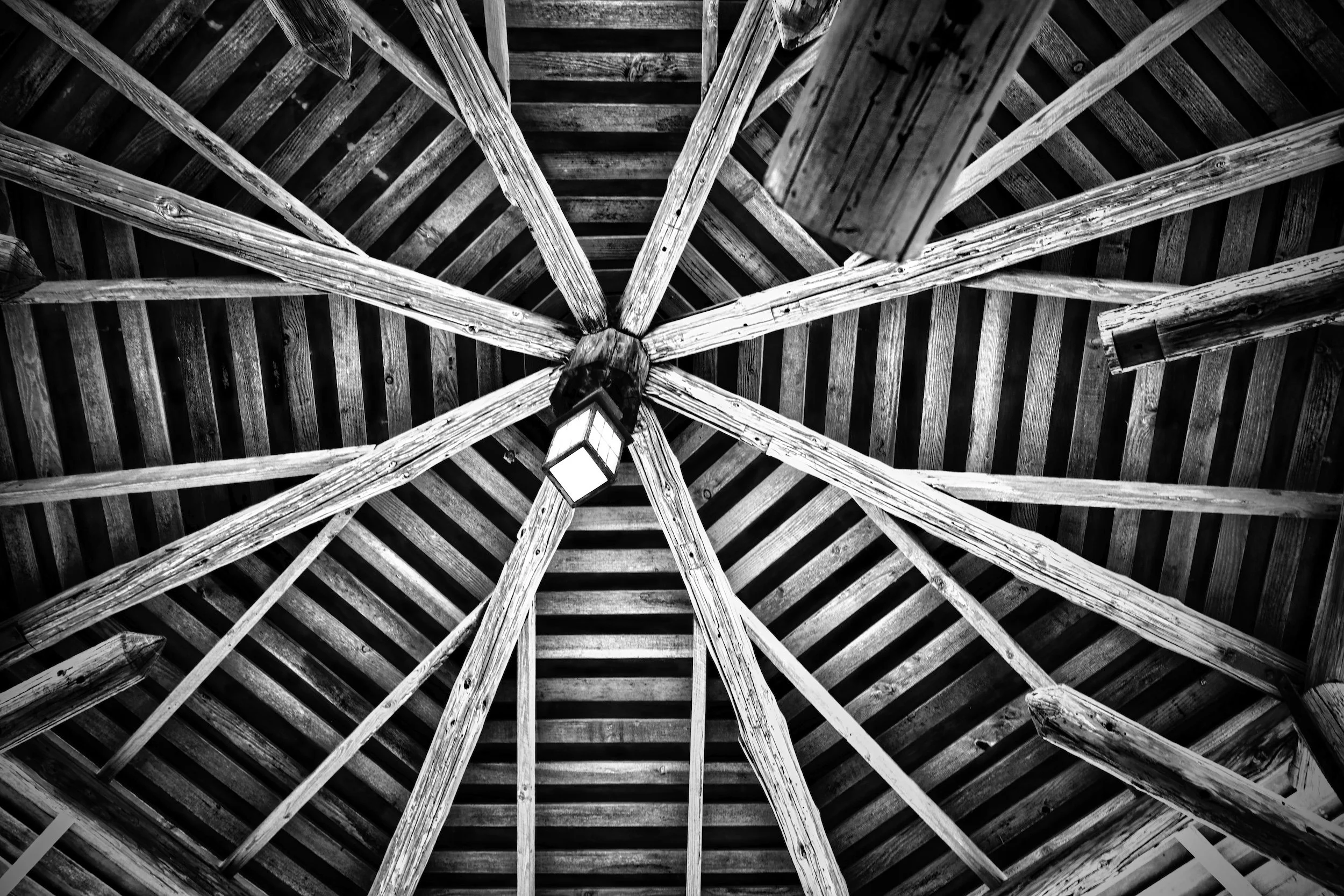 "Rafter Constellation" Rafters converge overhead, creating timeless symmetry inspires by stars and imagination.