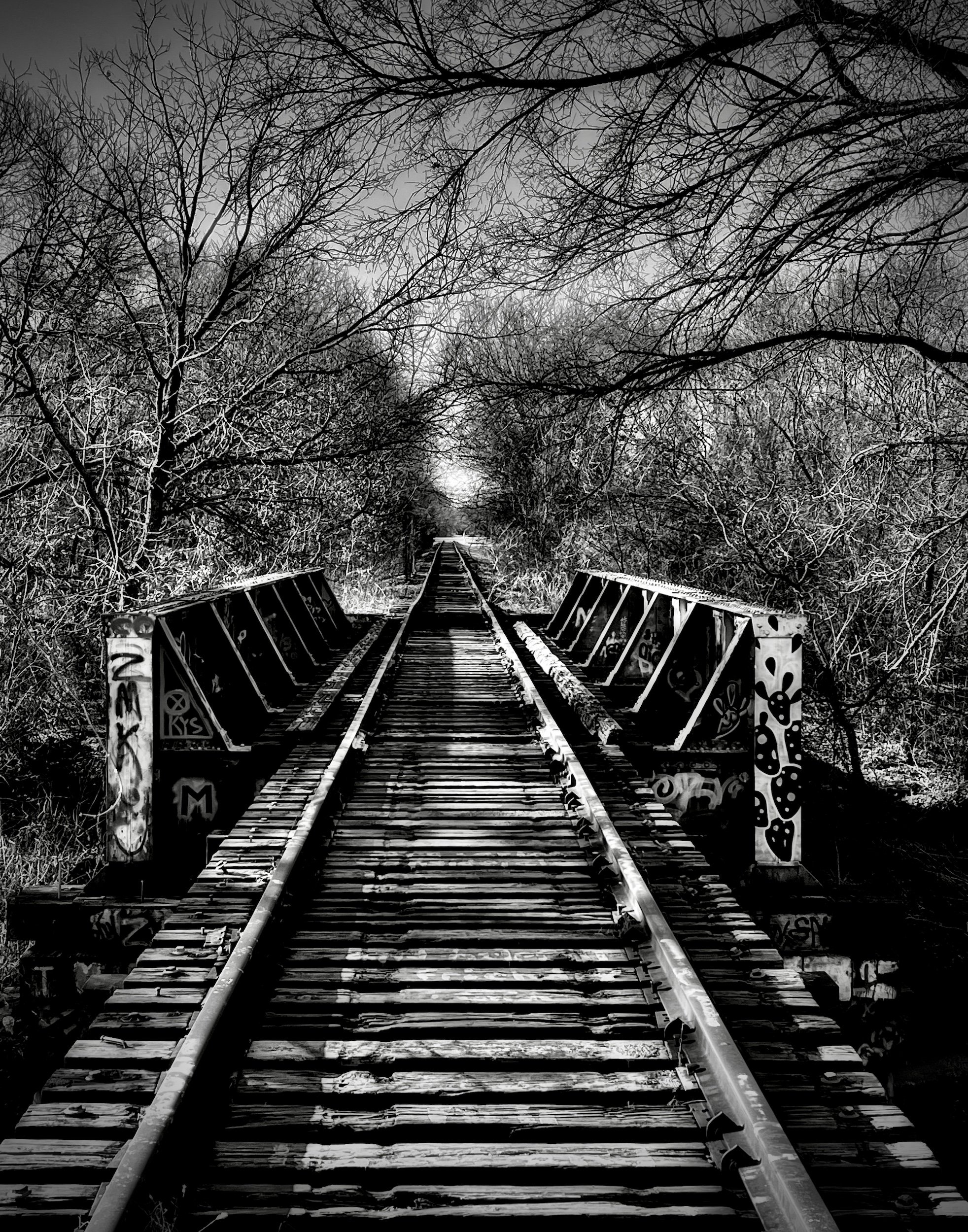 "Vanishing Point" Abandoned railroad bridge leading the eye toward a  distant horizon with mystery.