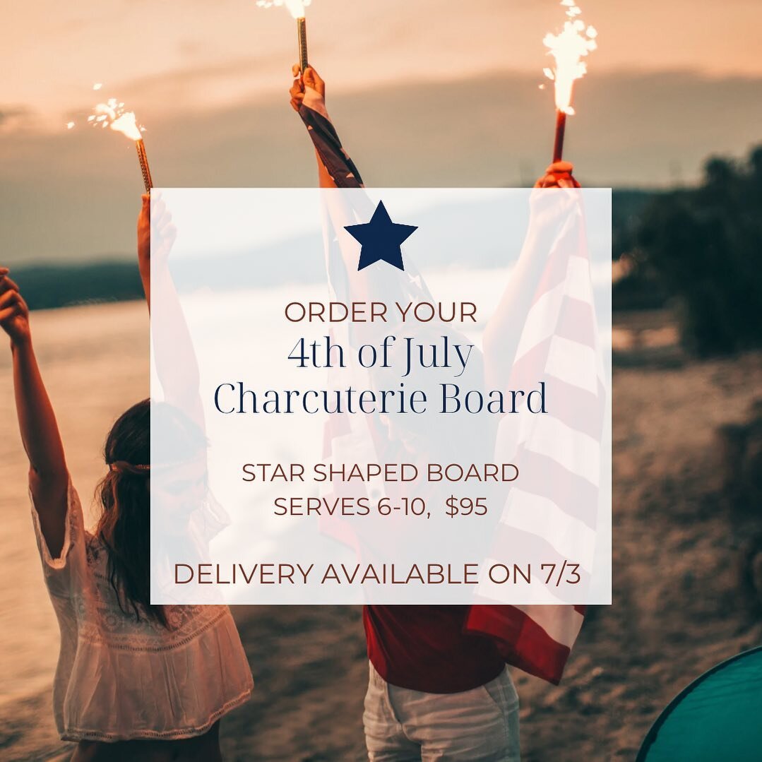 Celebrate the 4th with a red white and blue star shaped Charcuterie board. The board comes with four cheeses, two cured meats, berries, nuts, chocolate, honey or jam, and olives. Separate cracker plate included. Message me to order or order online at