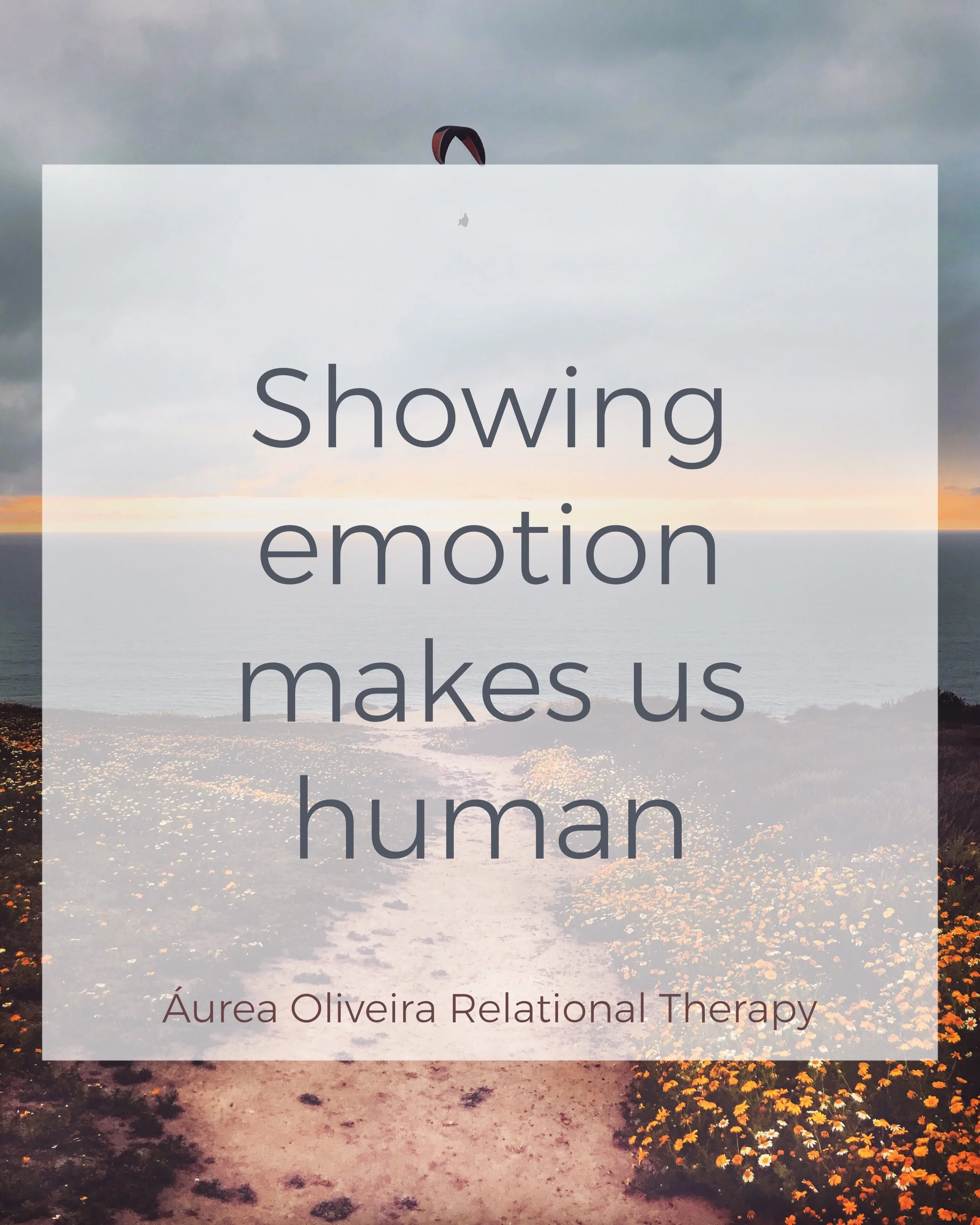 image with ocean view and a white transparent rectangle with the words "Showing emotion makes us human"
