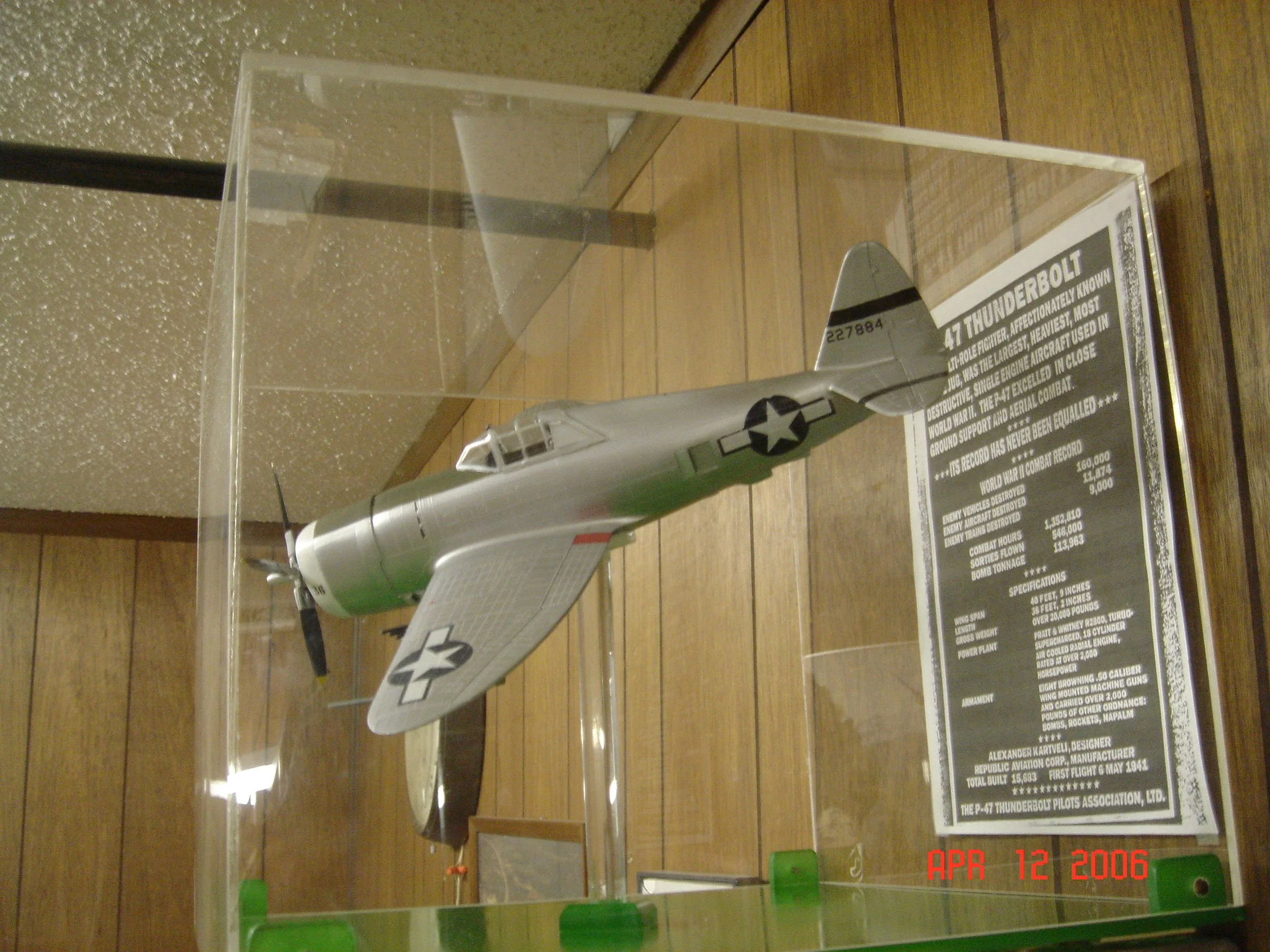 Model of Ken’s airplane along with key statistics regarding the P-47 Thunderbolt.