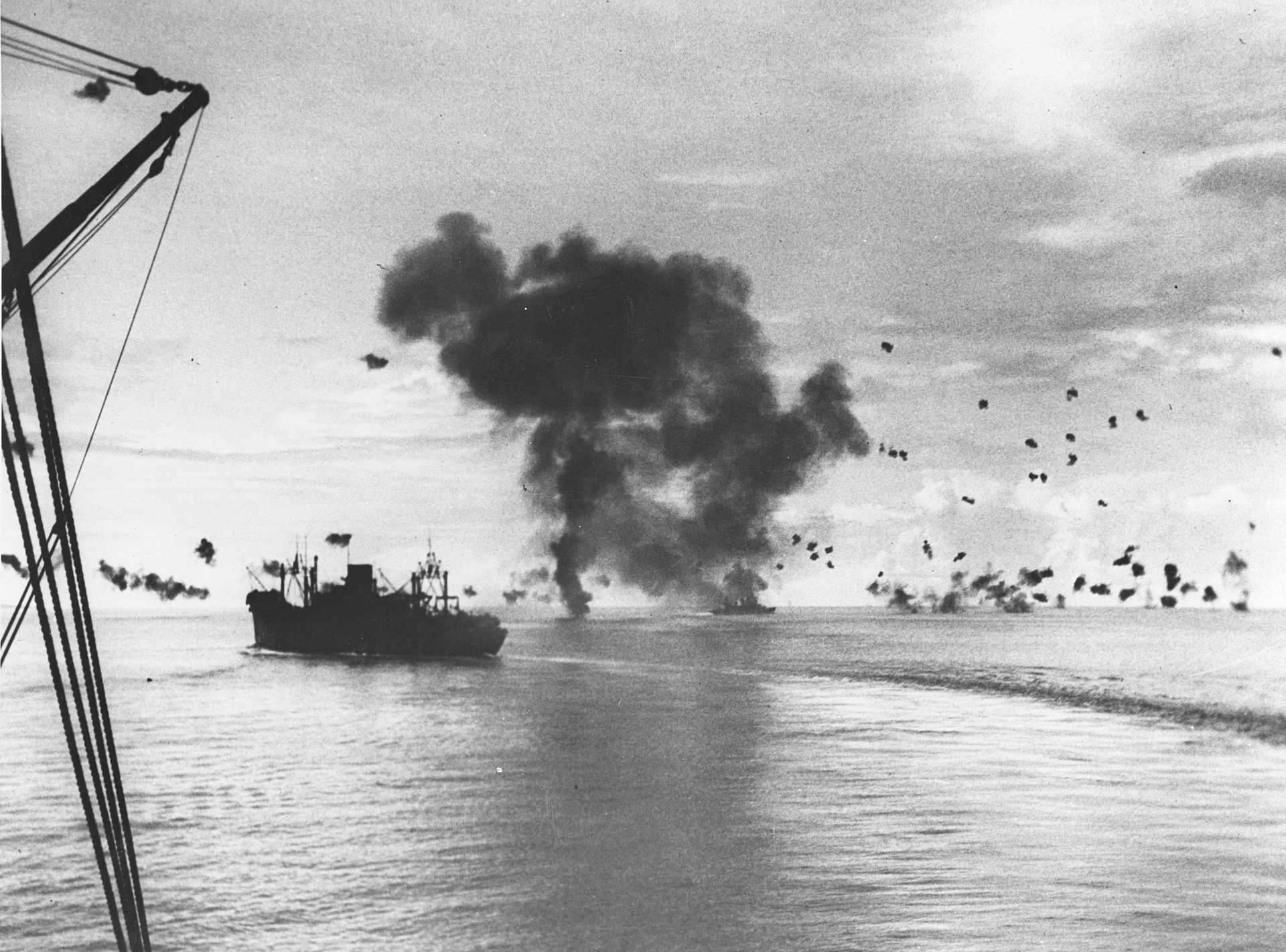 USS San Francisco on fire after being hit by plane during the Battle of Guadalcanal on Nov 12, 1942.