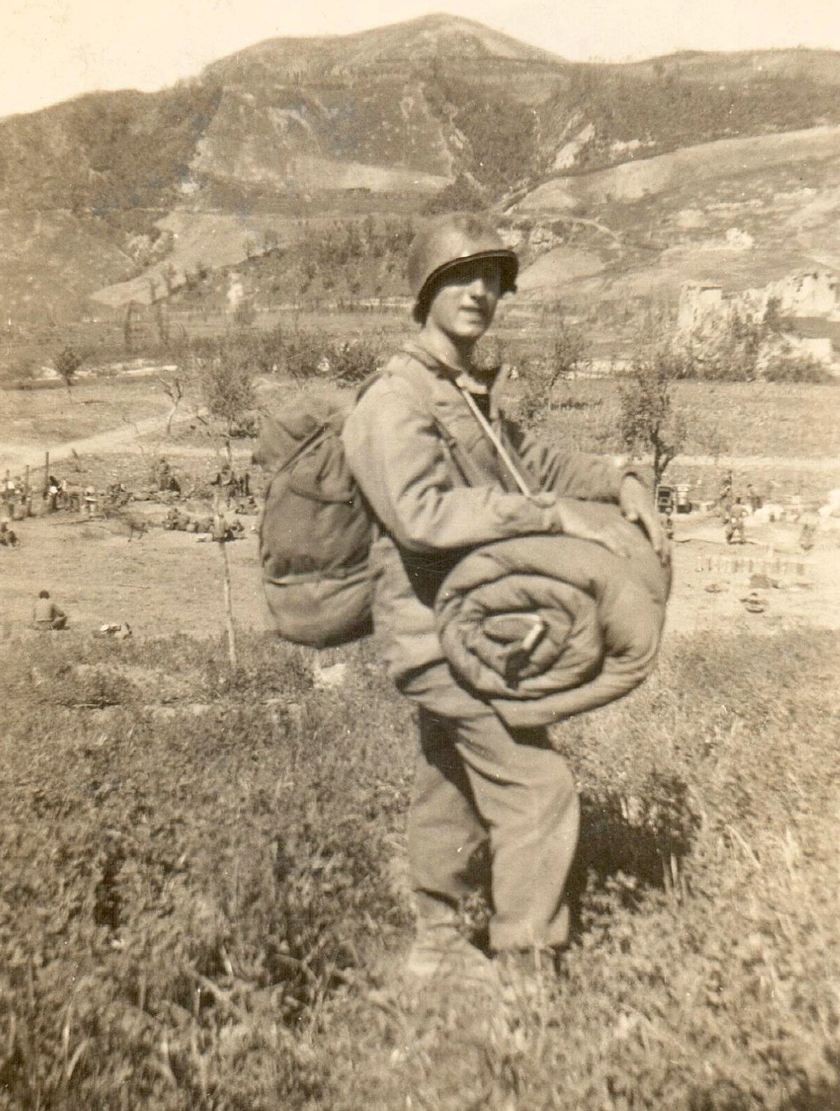 John with bedroll in Italy