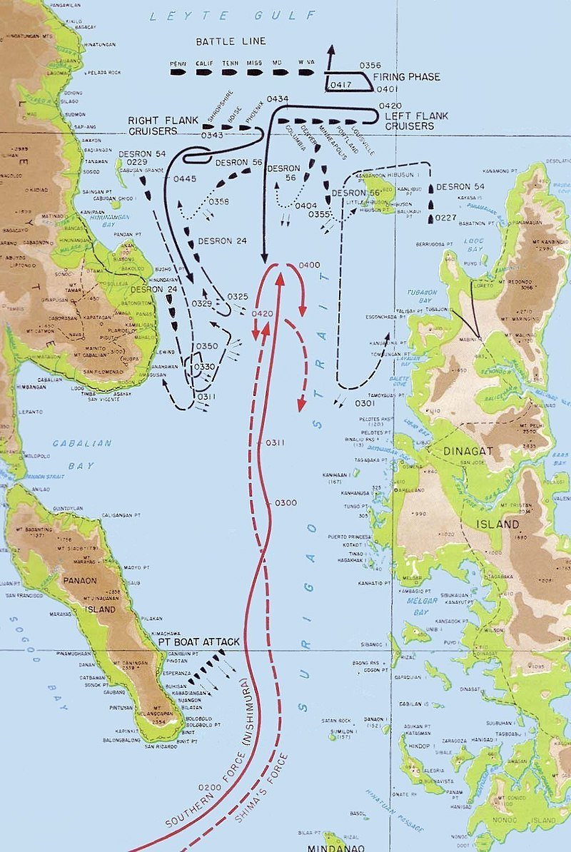 Map of the battle of Surigao Strait, where the USS California fought in the last battleship vs. battleship fleet action in world history.