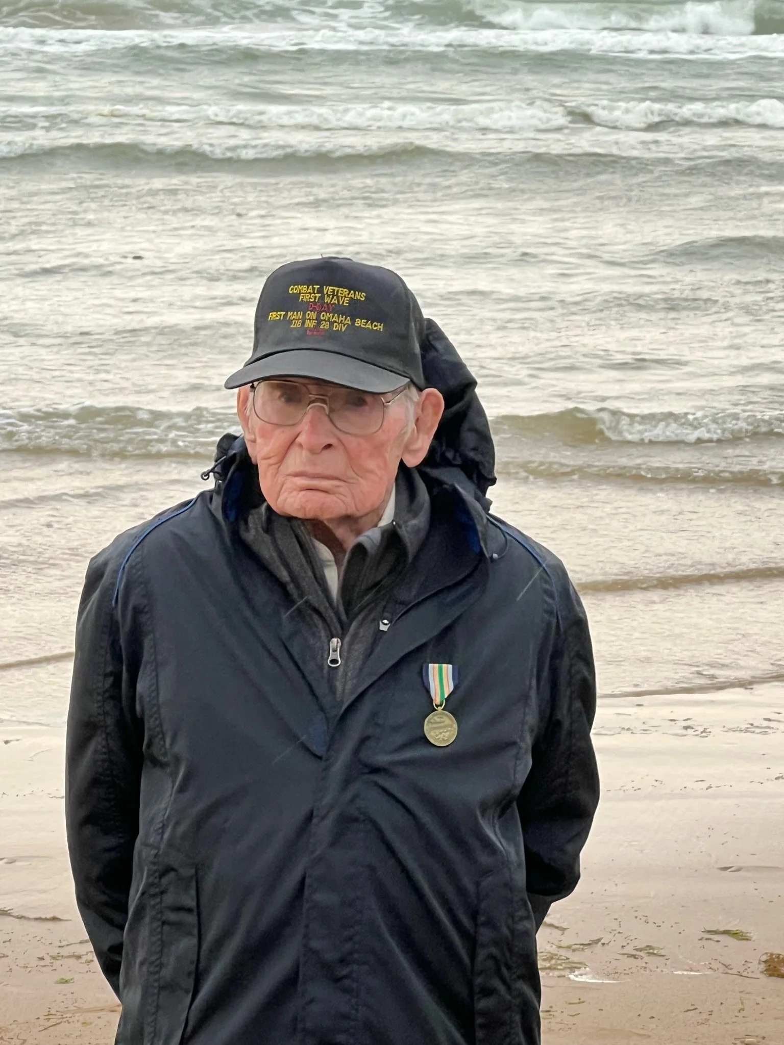 Bill at Omaha beach on June 6th, 2022, 78 years after the fateful day when he first stepped on the the shores of Normandy. This was Bill’s first visit to Normandy since 1944…