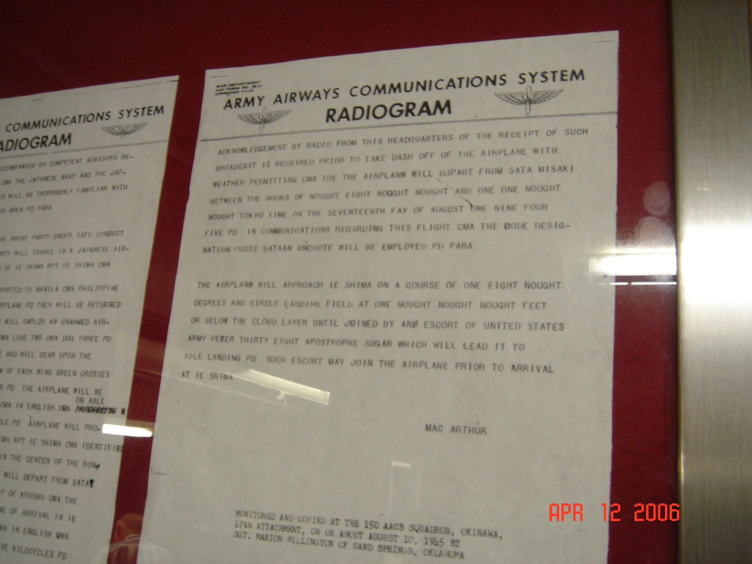 Copy of Japanese surrender notification transcribed by a soldier from Sand Springs, OK.