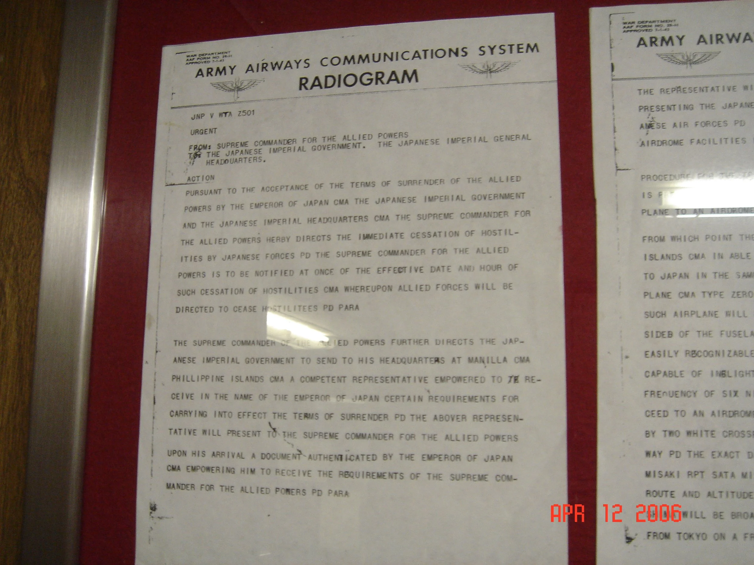 Copy of Japanese surrender notification transcribed by a soldier from Sand Springs, OK.