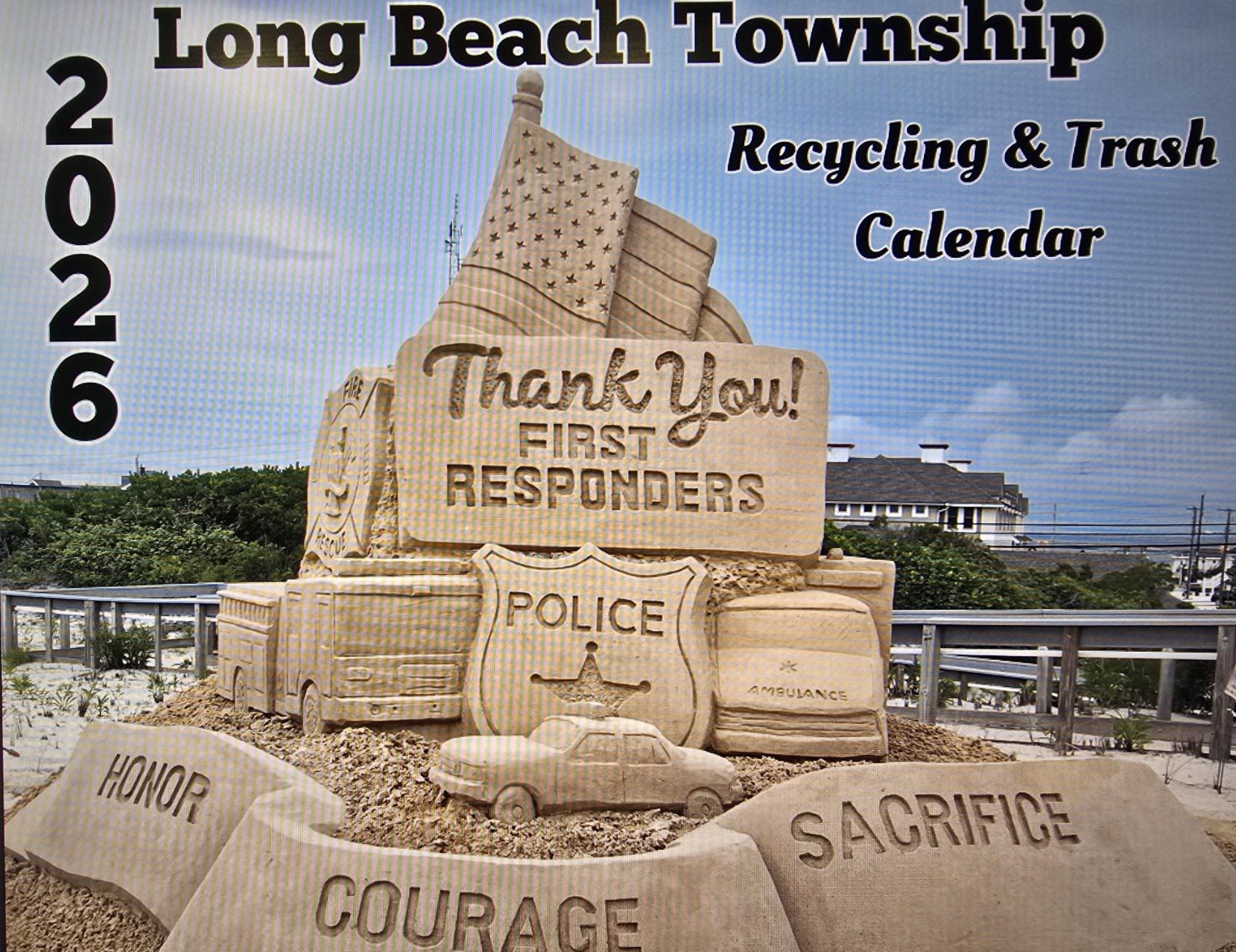 Cover of the 2026 Long Beach Township Recycling & Trash Calendar featuring a beach scene with waves, sand, and grass.