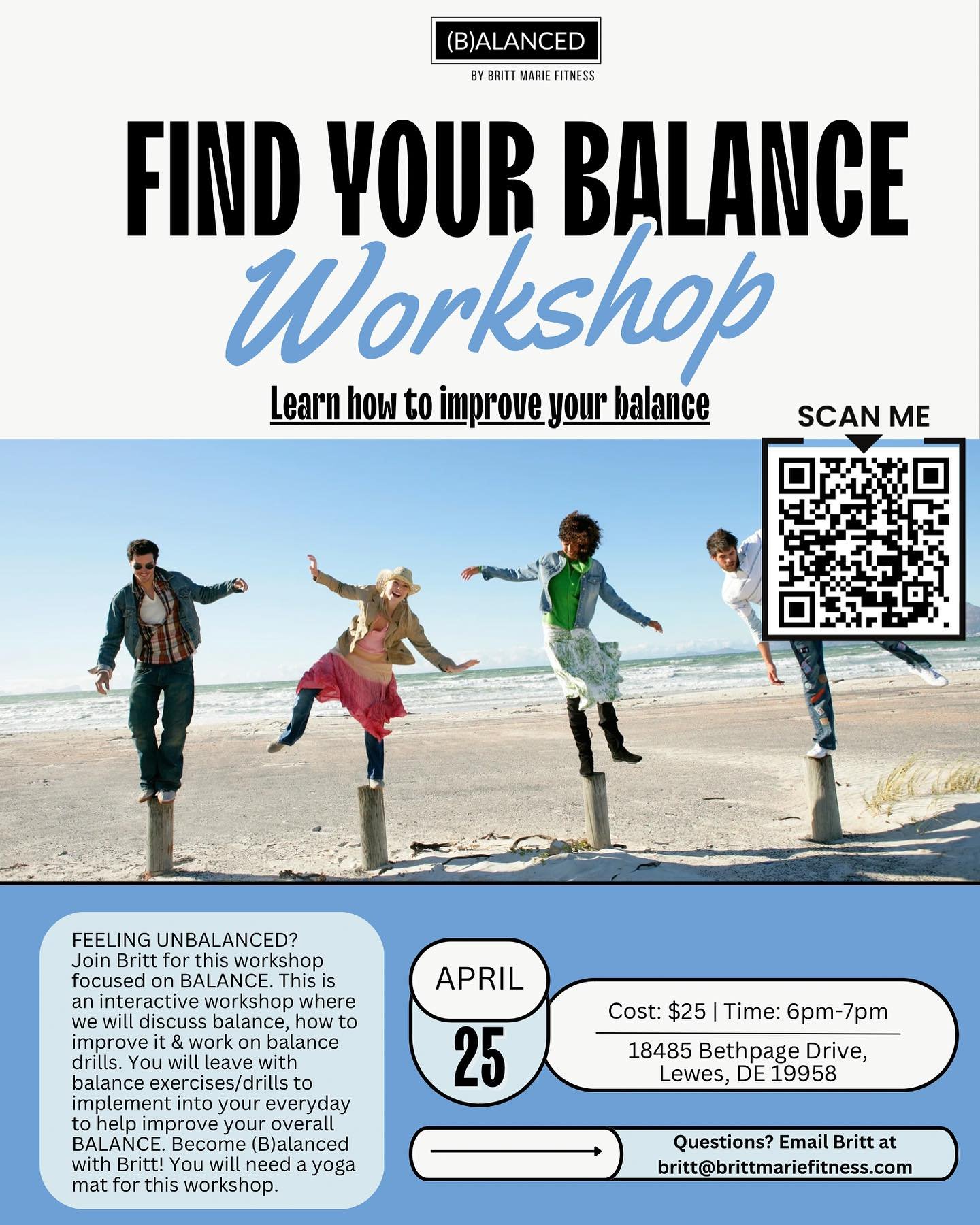 FEELING UNBALANCED?⚖️

Join Britt for this workshop focused on BALANCE. This is an interactive workshop where we will discuss balance, how to improve it &amp; work on balance drills. You will leave with balance exercises/drills to implement into your