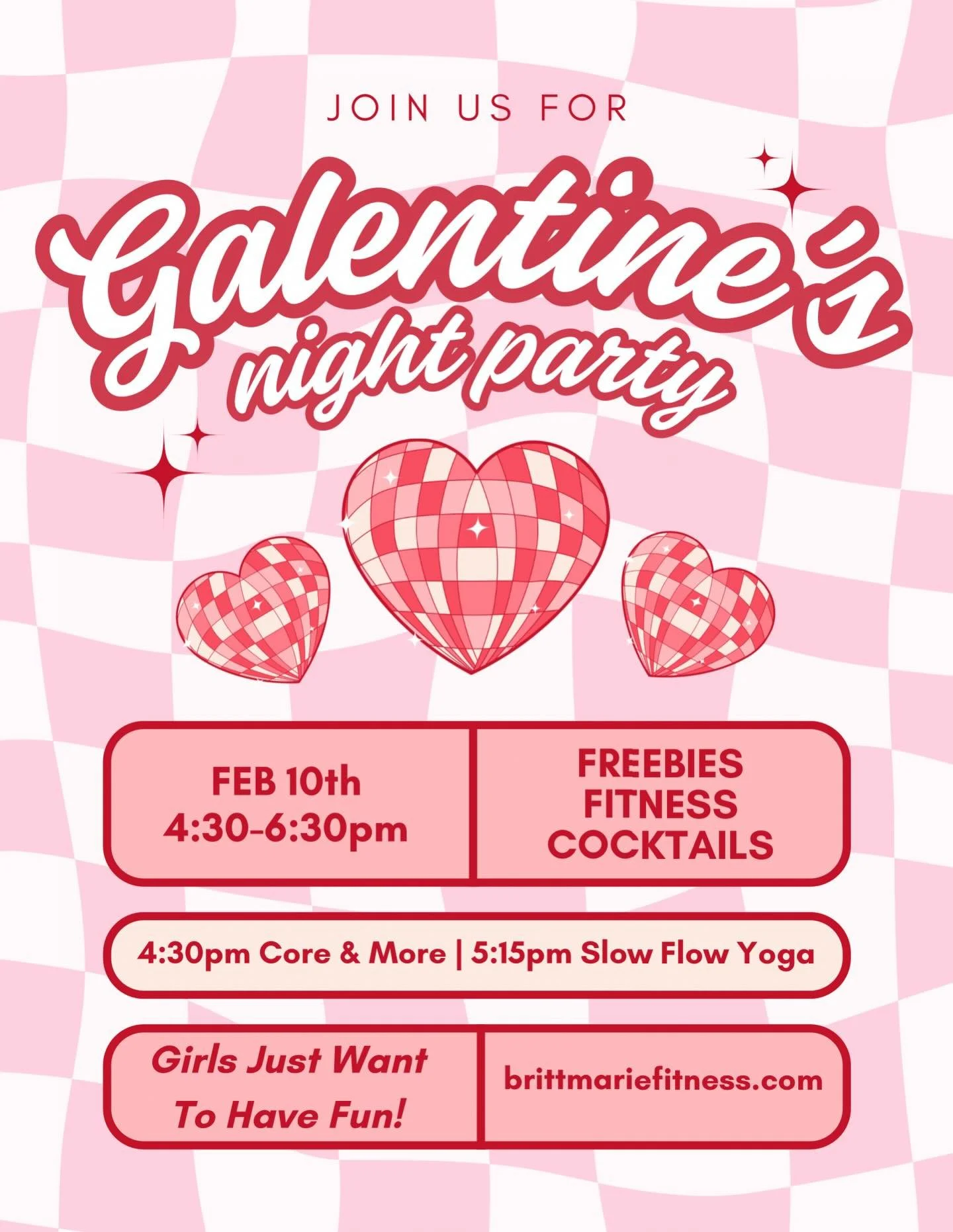 💖 Will you be my Galentine? 💖

Grab your girls and meet me on the mat for the ultimate Galentine&rsquo;s Night at (B)alanced ✨
We&rsquo;re mixing movement, mini cocktails, and a whole lot of love.

🩷 4:30pm &ndash; Core &amp; More (strong, spicy, 