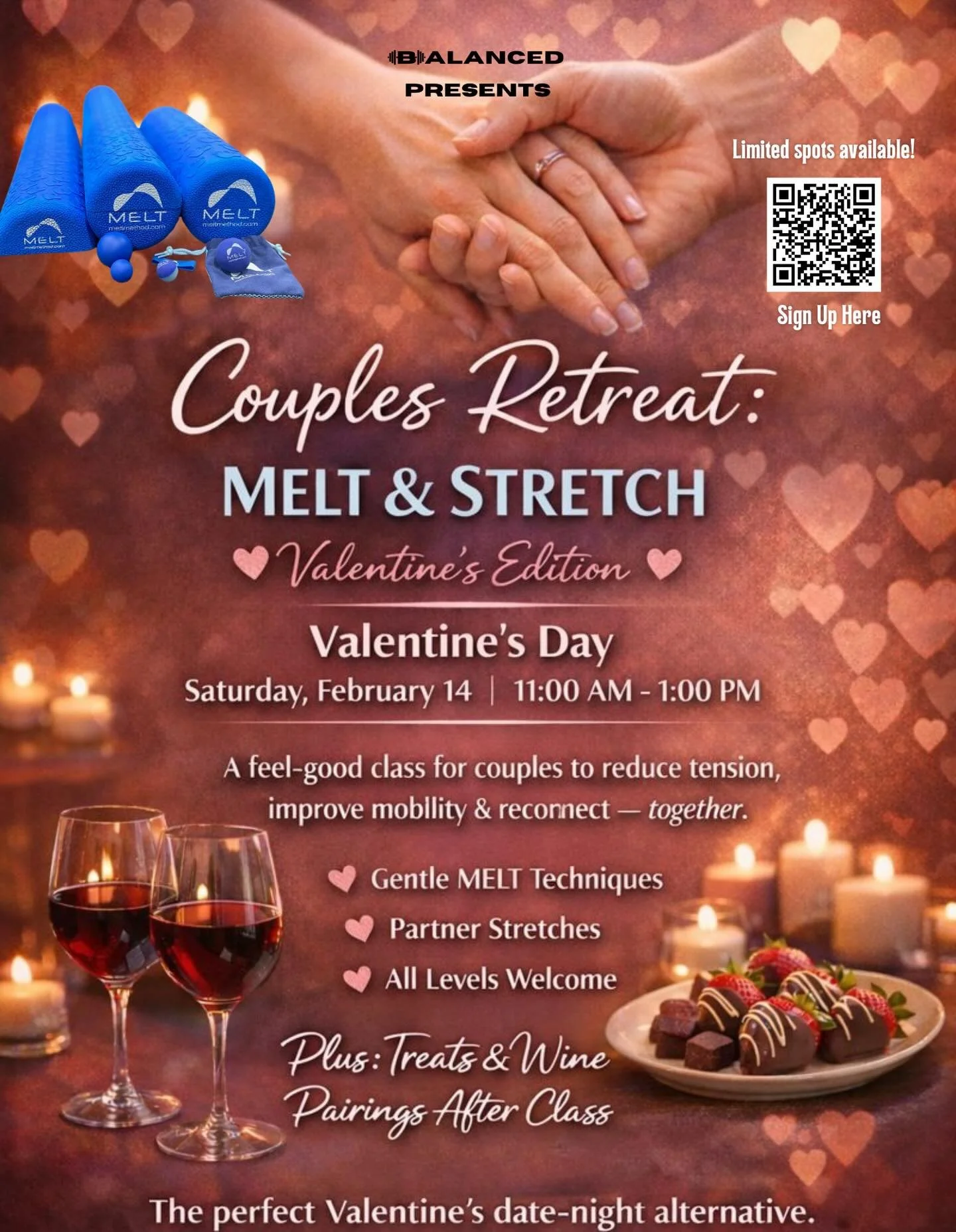 💗 Couples Retreat: Melt &amp; Stretch &ndash; Valentine&rsquo;s Edition 💗
Happening TOMORROW &mdash; only 2 couple spots left!

Treat yourselves to a relaxing, feel-good Valentine&rsquo;s experience designed just for couples.

Join us for a cozy ME