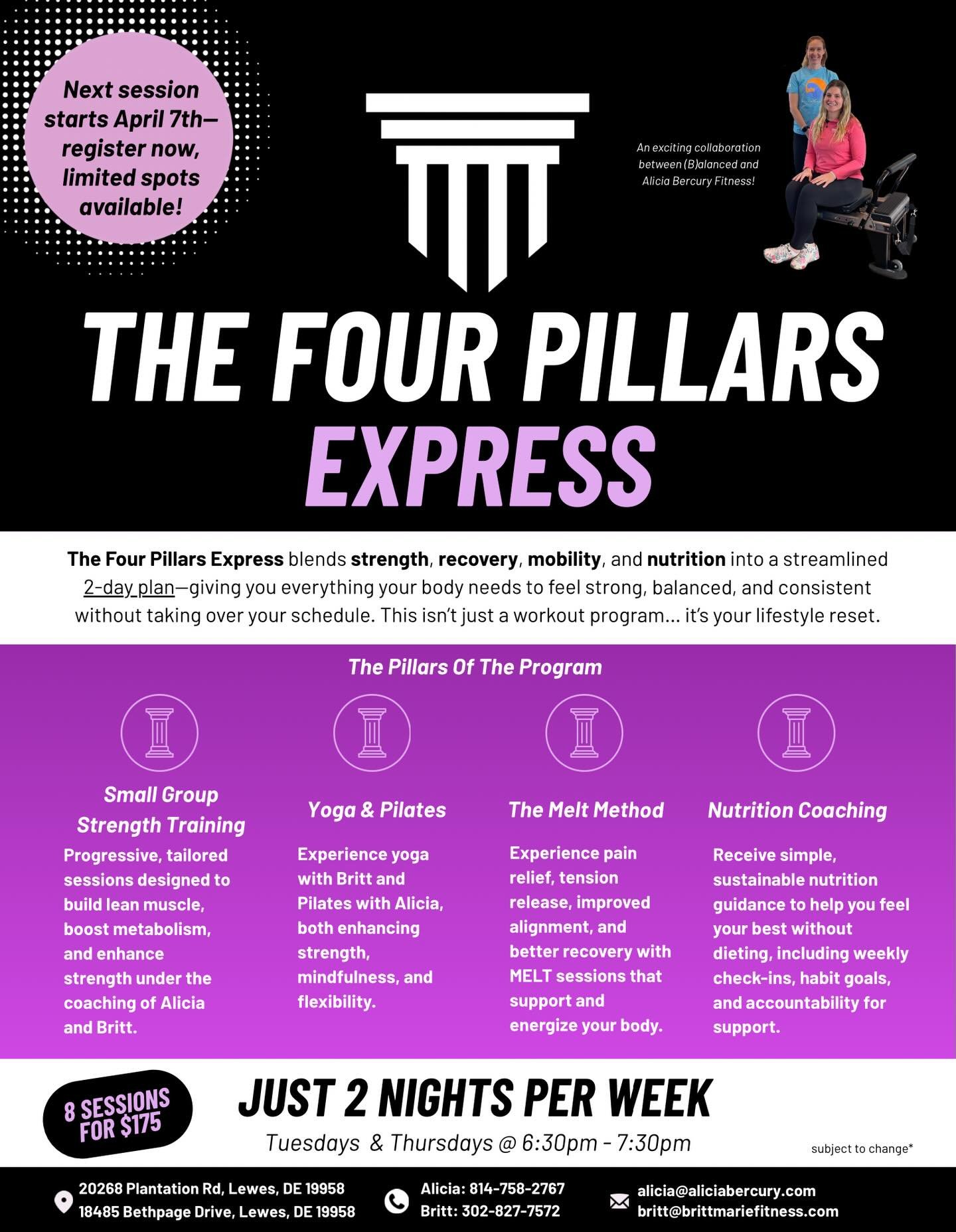 Your lifestyle reset starts April 7th. 🖤
The Four Pillars Express is here &mdash; and it&rsquo;s built for real life.
✅ Strength Training
✅ Yoga &amp; Pilates
✅ MELT Method Recovery
✅ Nutrition Coaching
All of it. Just 2 nights a week. 💪
8 sessions
