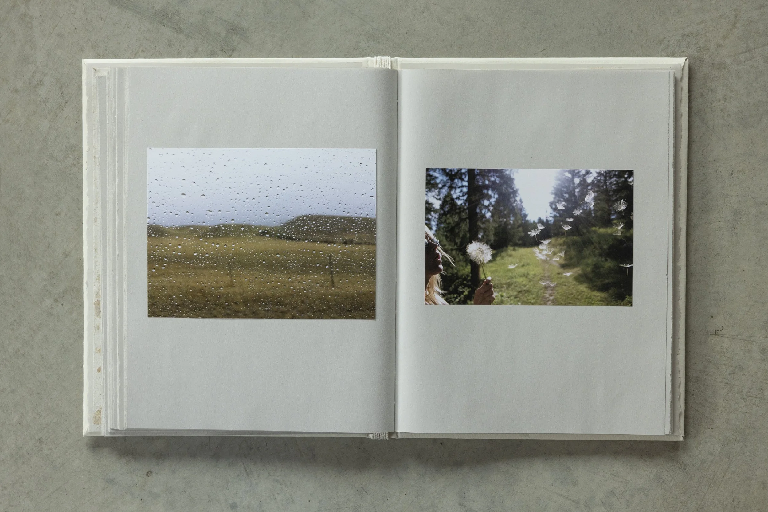 Open photo album containing two photographs, one of rain droplets on a window with a landscape in the background and the other of a woman with blonde hair blowing dandelion seeds in a forested area.