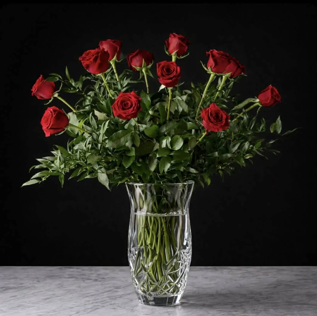 One Dozen Long/Medium Stemmed Roses In Vase