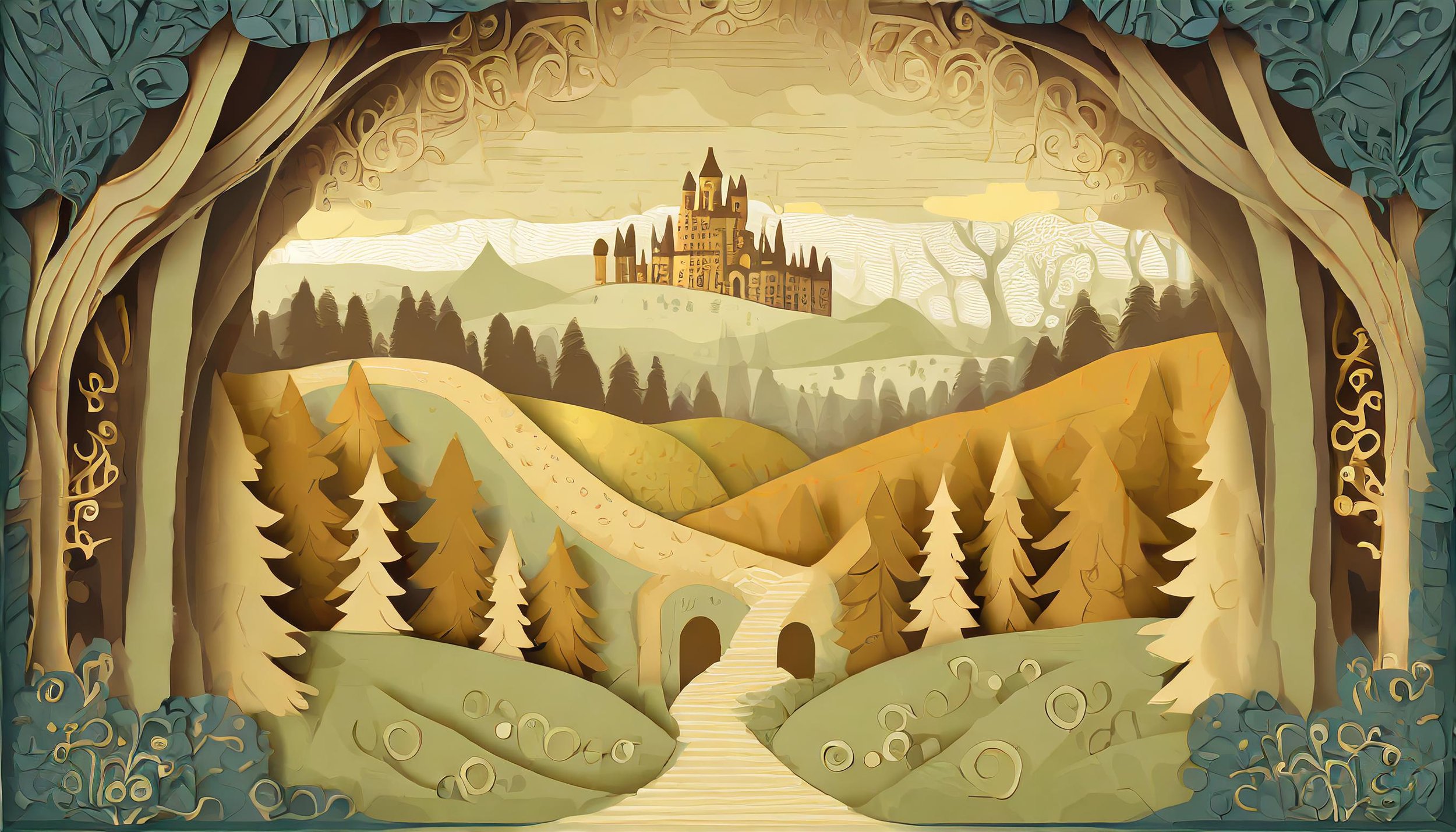 Firefly flat illustration of the entrance to a medieval forest, castle in the far background 60192.jpg