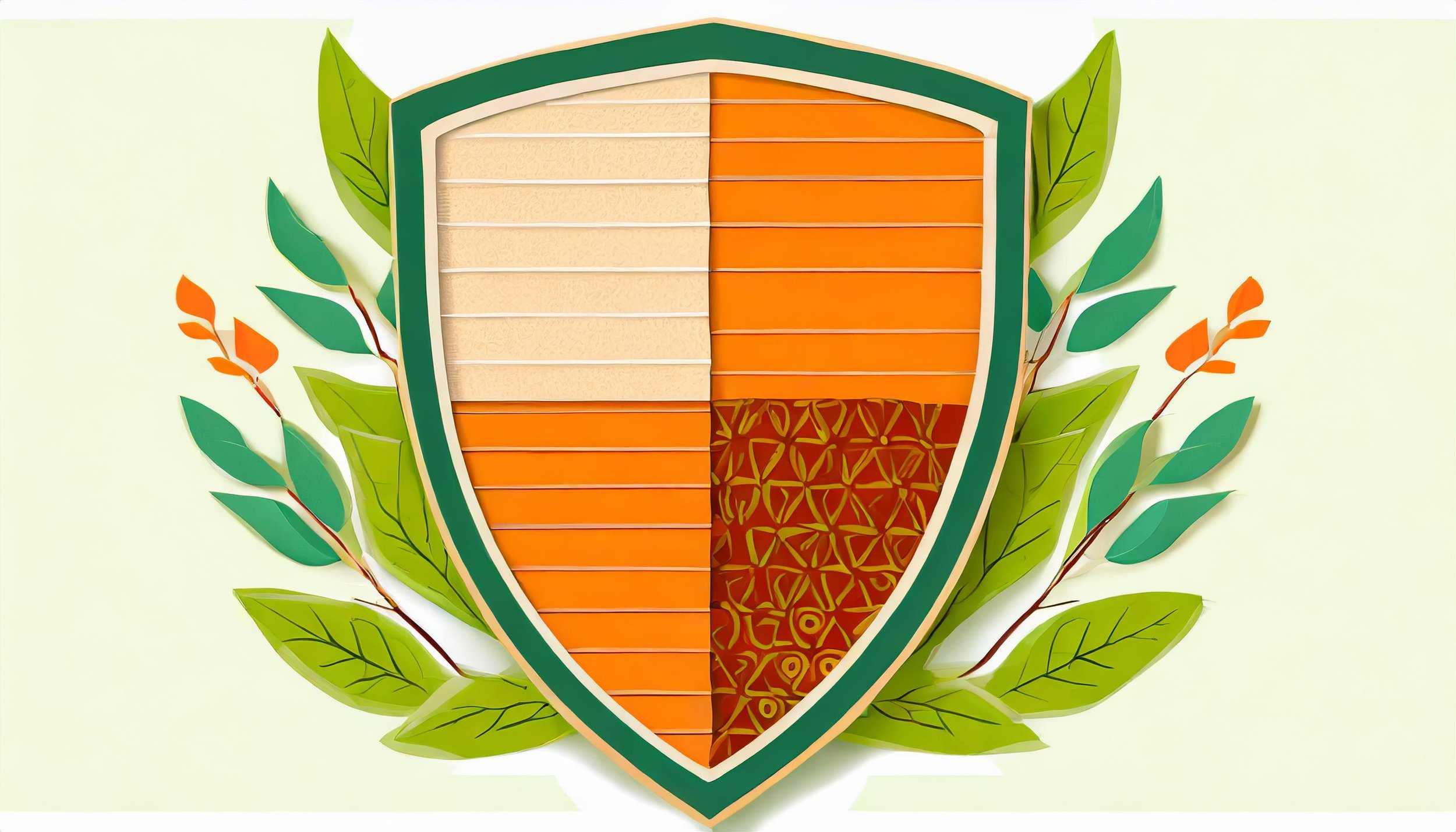 Firefly flat illustration of a medieval shield divided into six sections; oranges and greens; leaves (1).jpg
