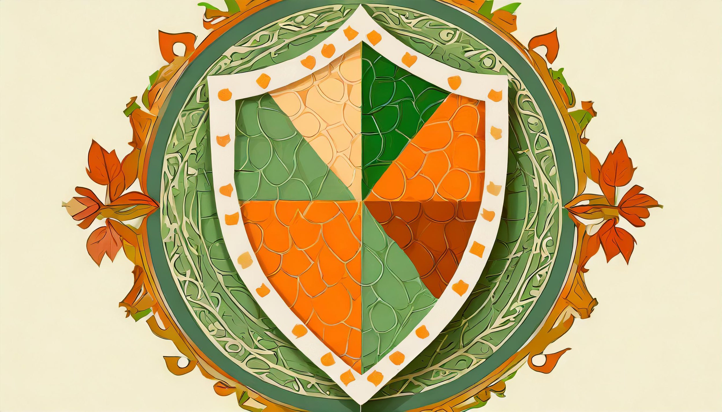 Firefly flat illustration of a medieval shield divided into six sections; oranges and greens; framed (1).jpg