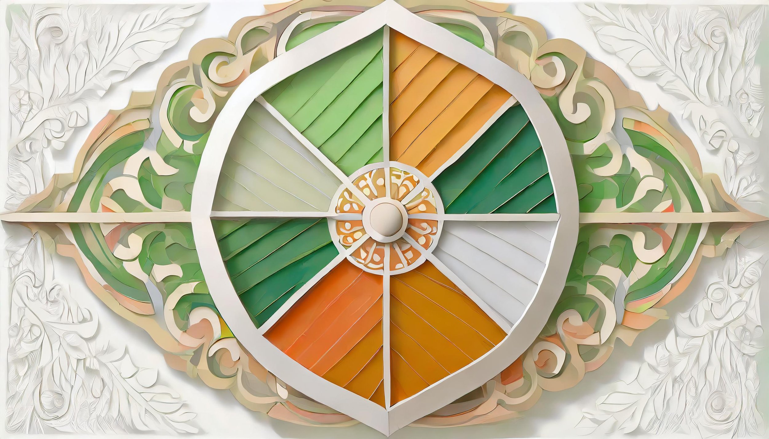Firefly flat illustration of a medieval shield divided into six sections; oranges and greens; framed (2).jpg