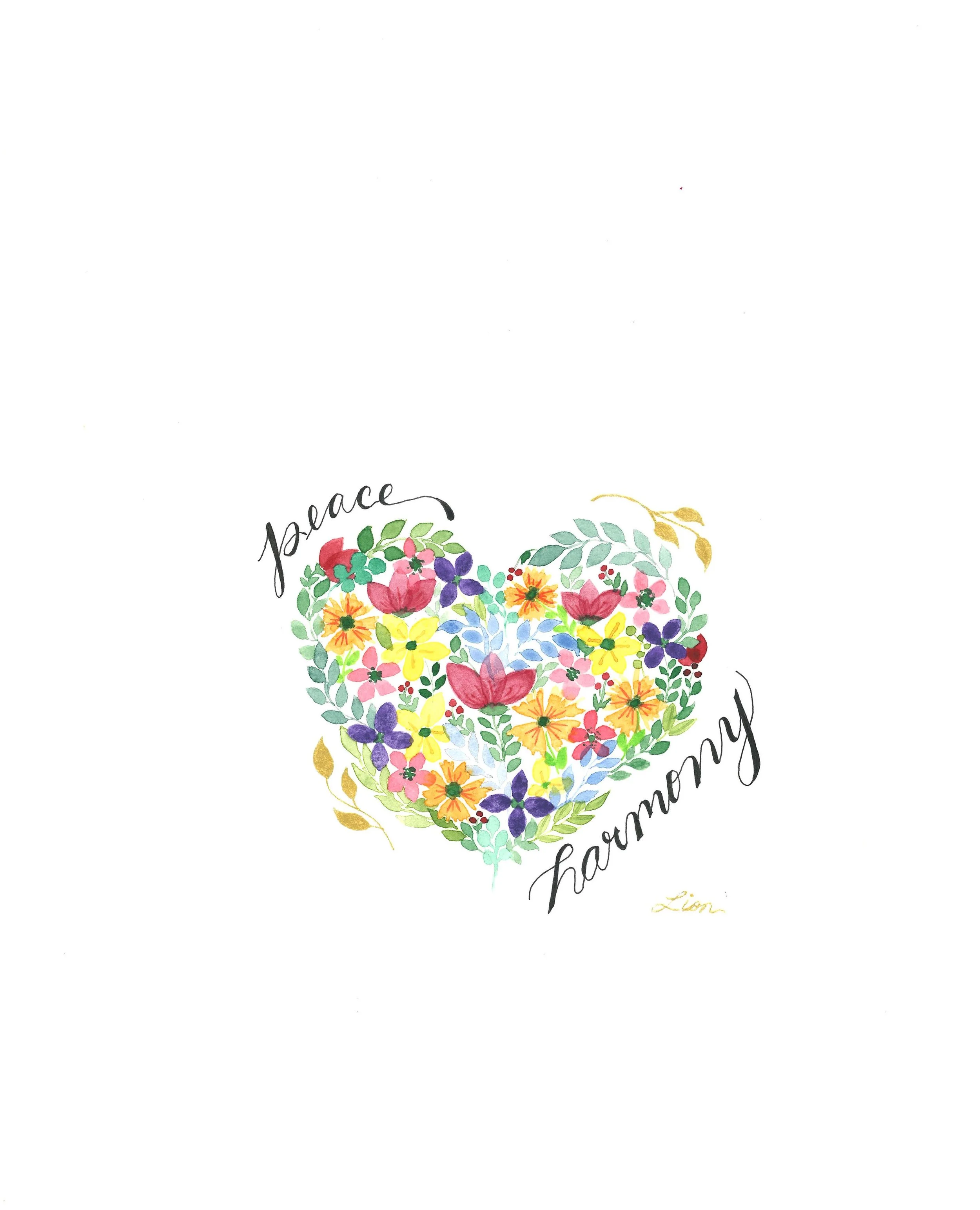 Small multi-colored flowers are clustered together in a heart shape with the words 'Peace' and 'Harmony' outside of the heart in black cursive lettering.