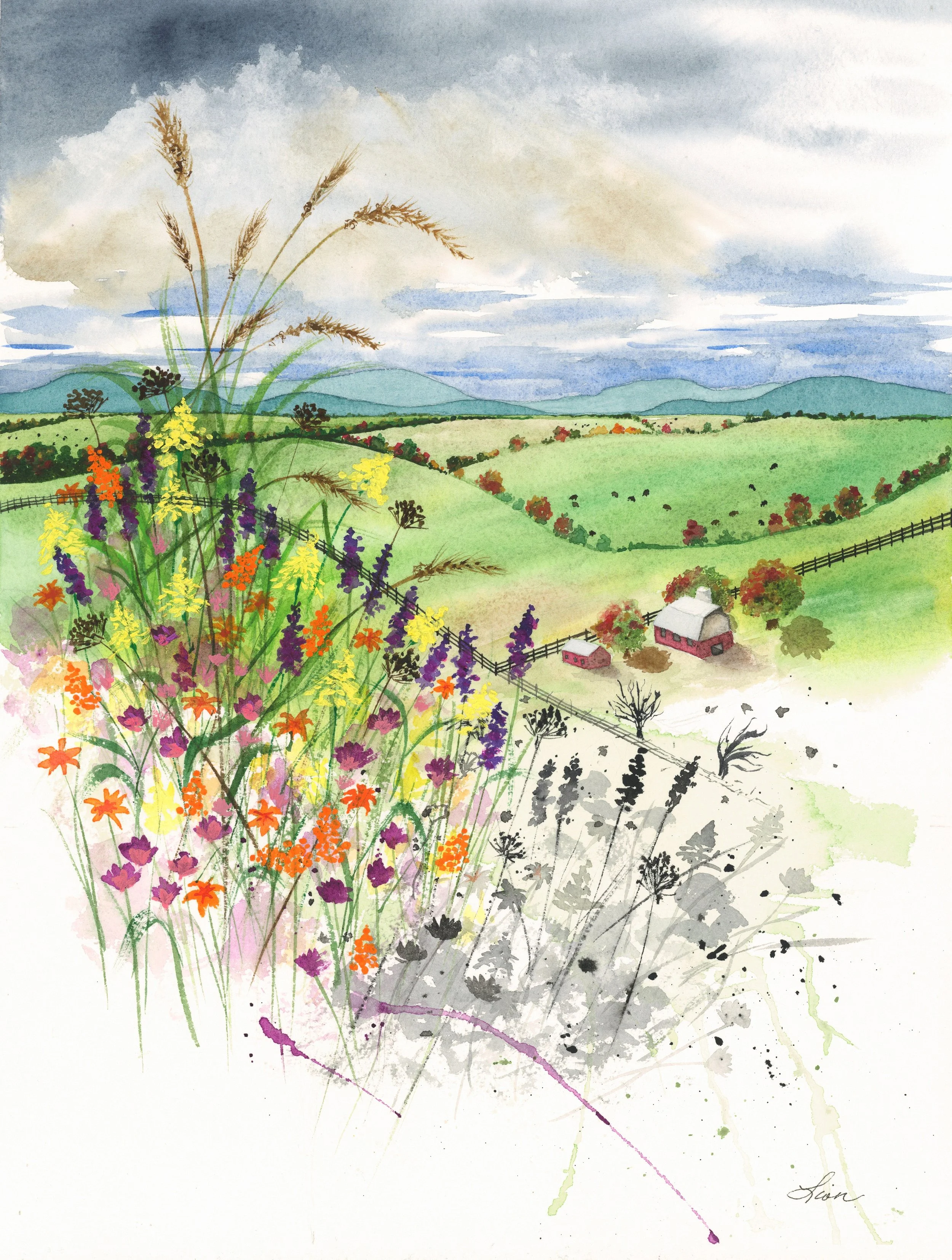 A landscape of green pastures surrounded by picket fences, a barn, trees turning fall colors, and distant hills under a cloudy sky. In the foreground are wildflowers.