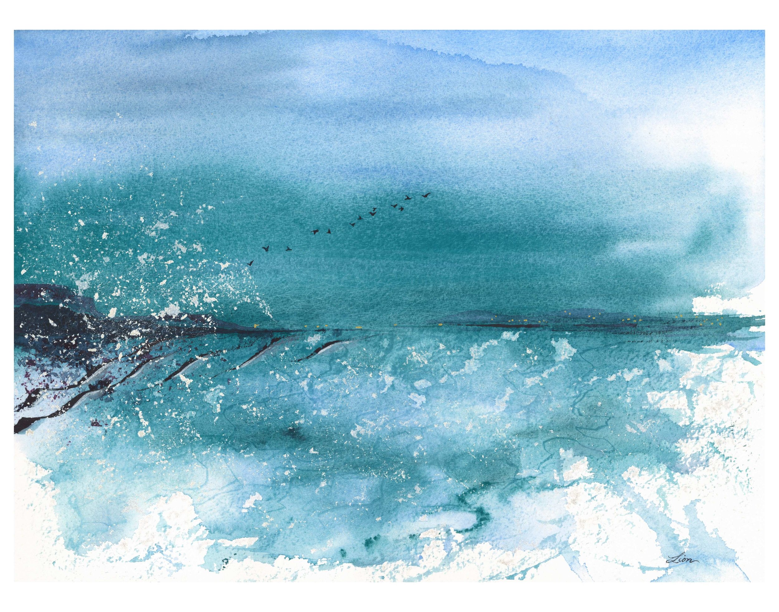 Rough waves splashing up sea spray near a rocky shore in the evening. There is a flock of birds flying in the distance against dark teal blue cloudy skies.