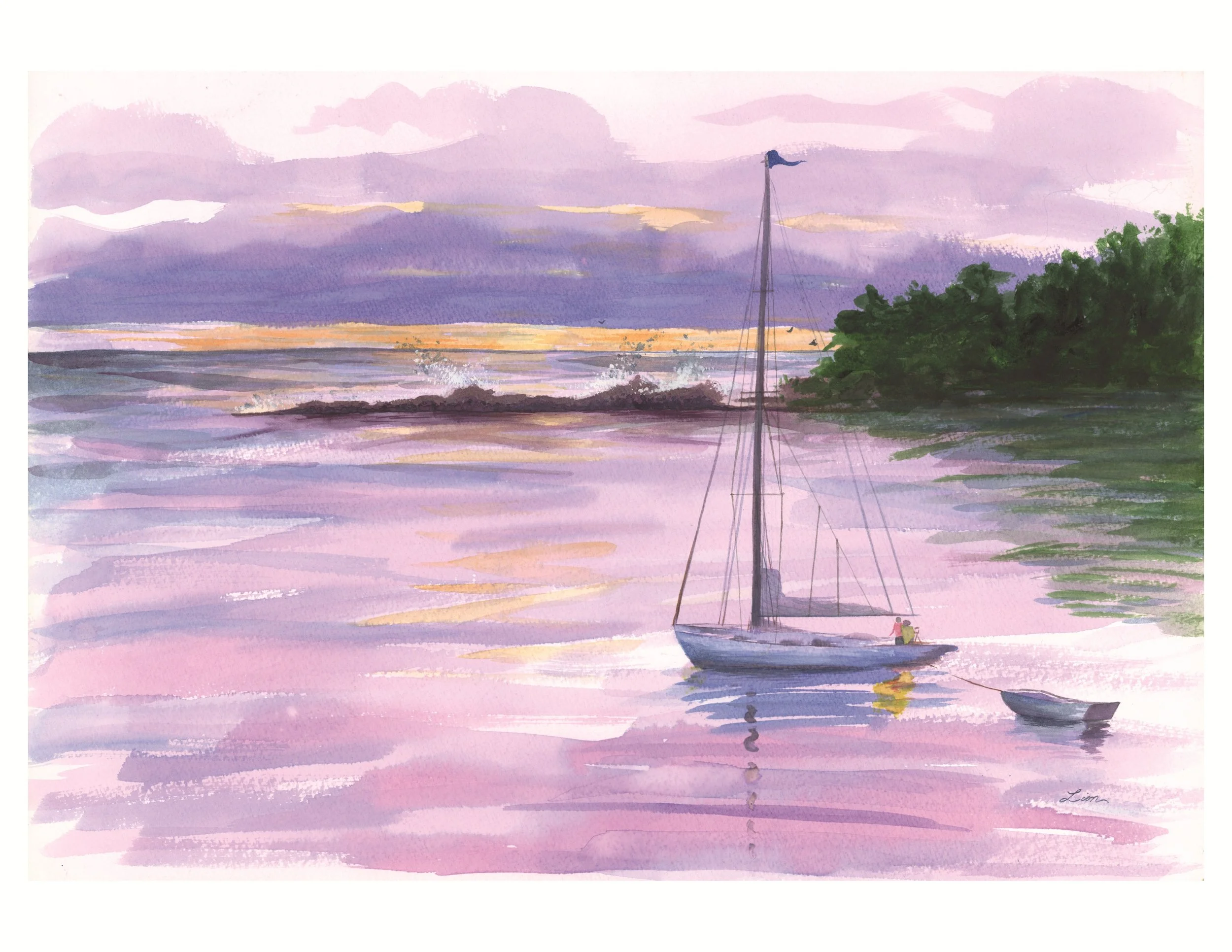 A sailboat is anchored in a cove near tropical green trees. Waves are crashing over nearby rocks. The sky is purple, pink, and yellow and those colors are reflected in the water.